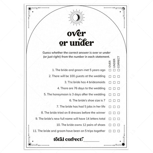 Mystical Bridal Shower Game Over or Under Printable by LittleSizzle
