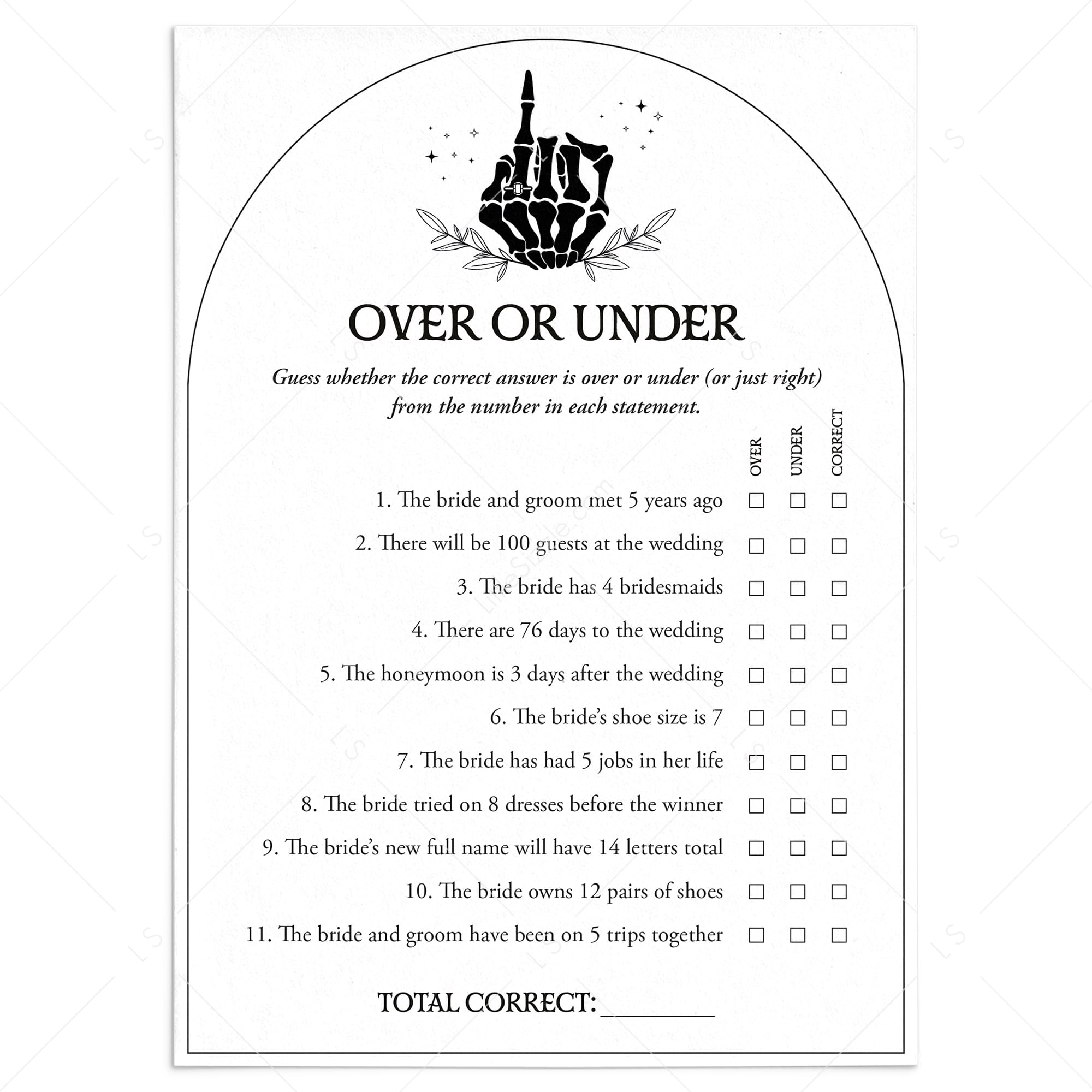Halloween Wedding Shower Game Over or Under by LittleSizzle