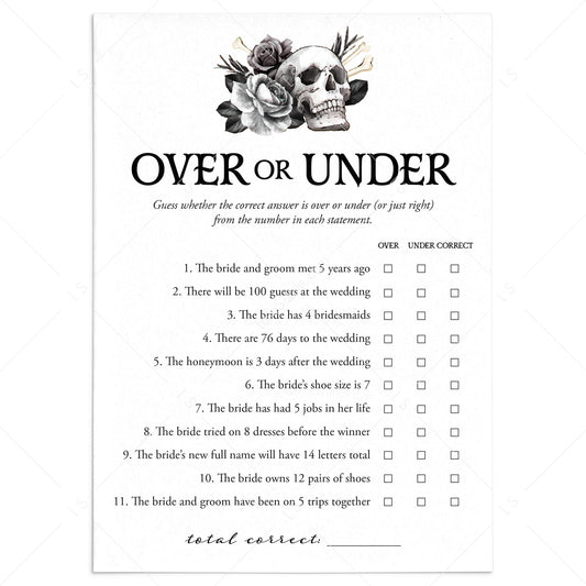 Black Floral Wedding Shower Game Over or Under Printable by LittleSizzle