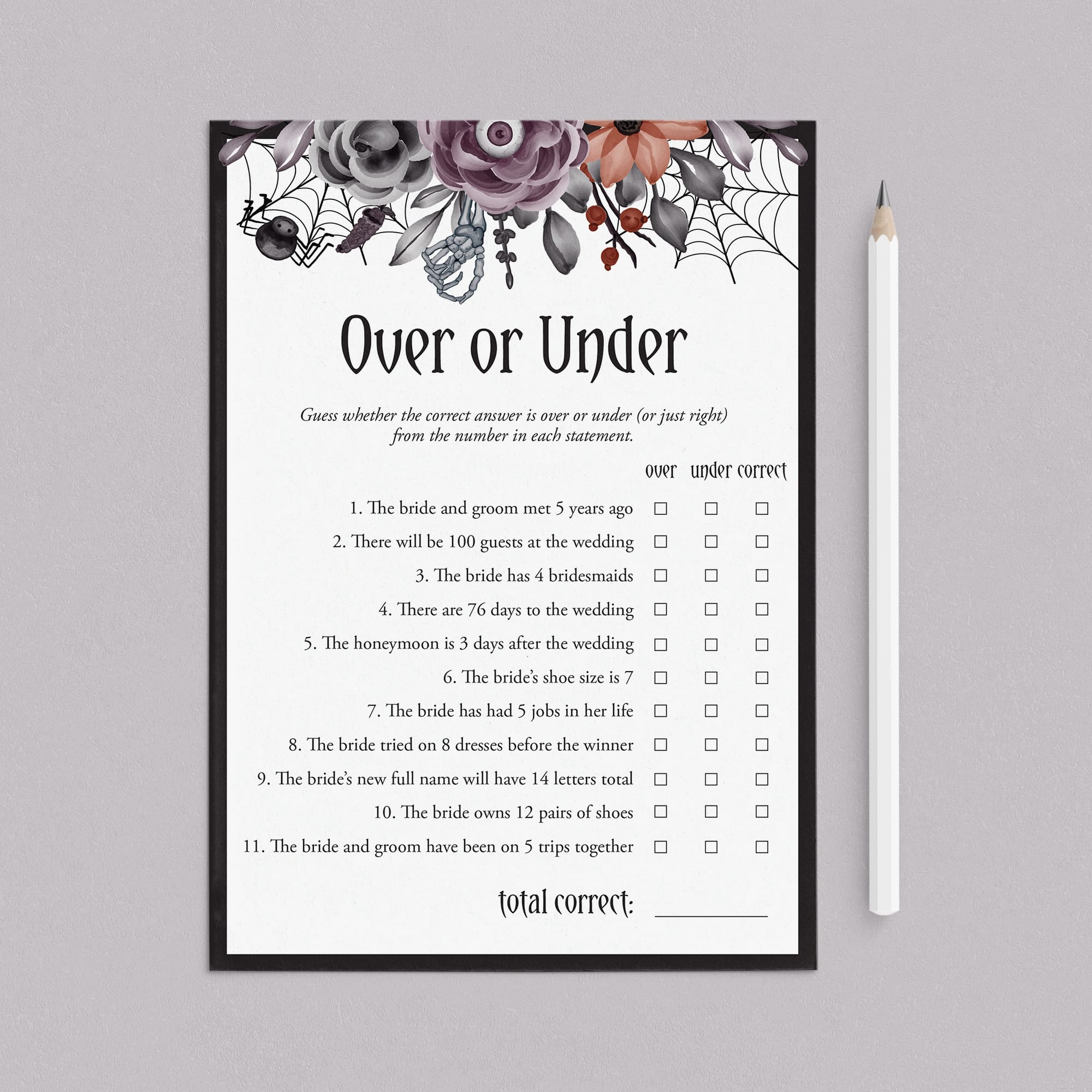 Floral Halloween Bridal Shower Game Over or Under Printable by LittleSizzle