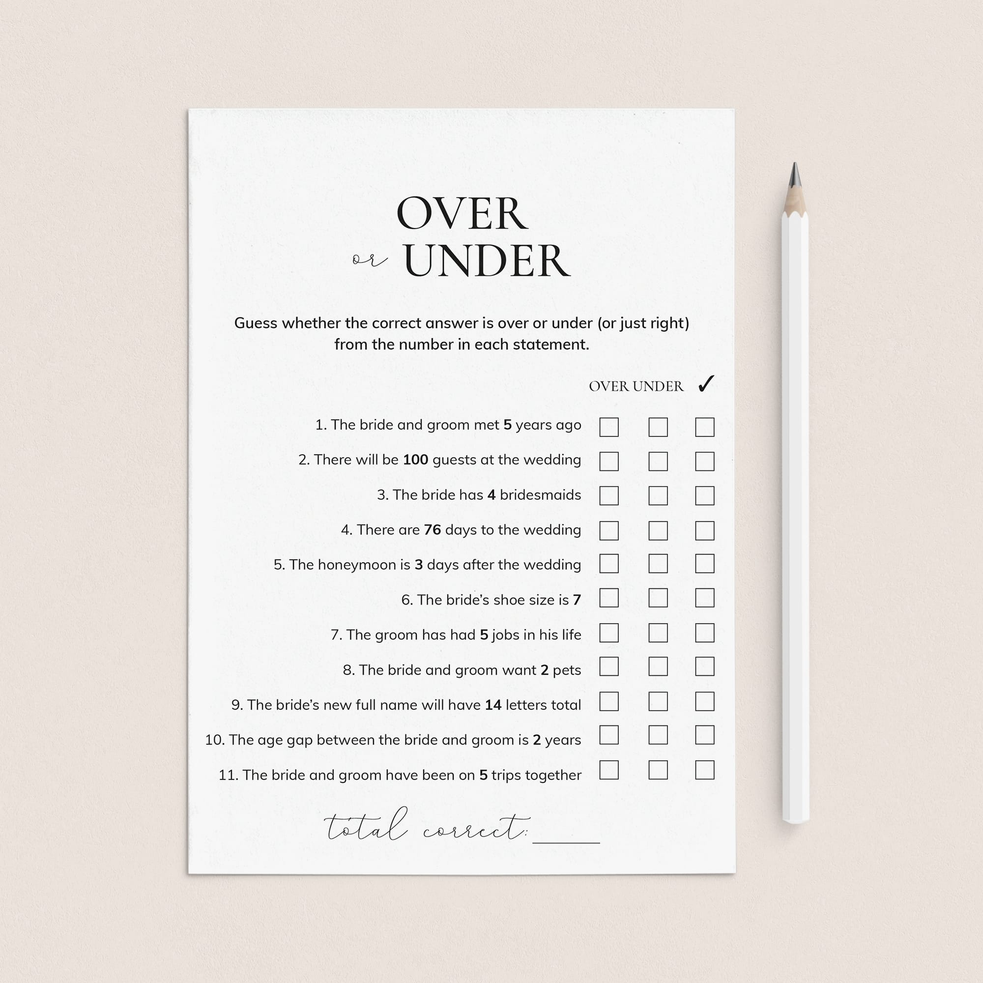 Printable Engagement Party Game Over or Under by LittleSizzle