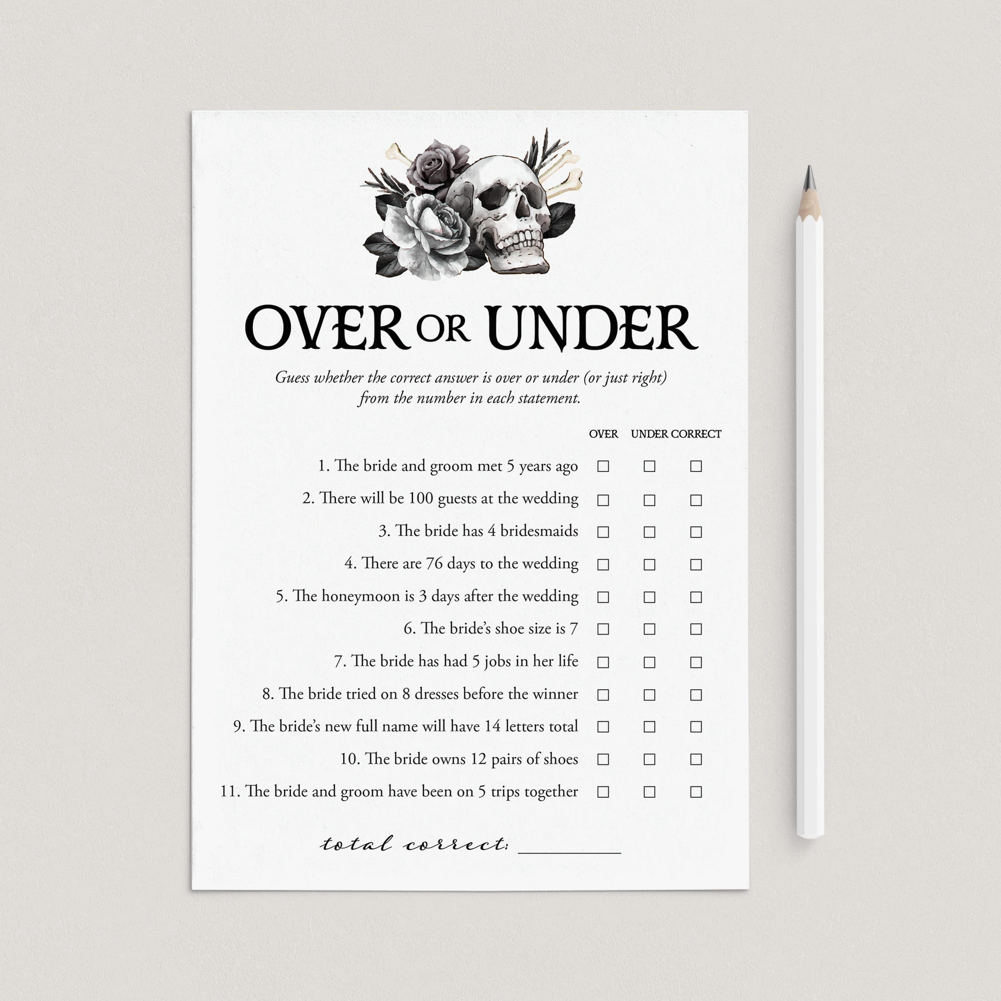 Black Floral Wedding Shower Game Over or Under Printable by LittleSizzle