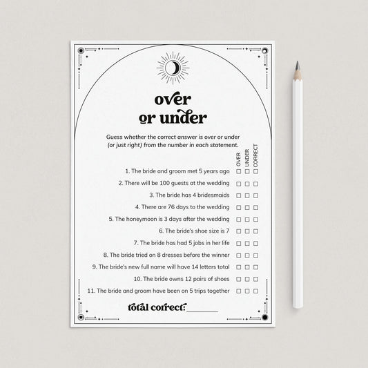 Mystical Bridal Shower Game Over or Under Printable by LittleSizzle