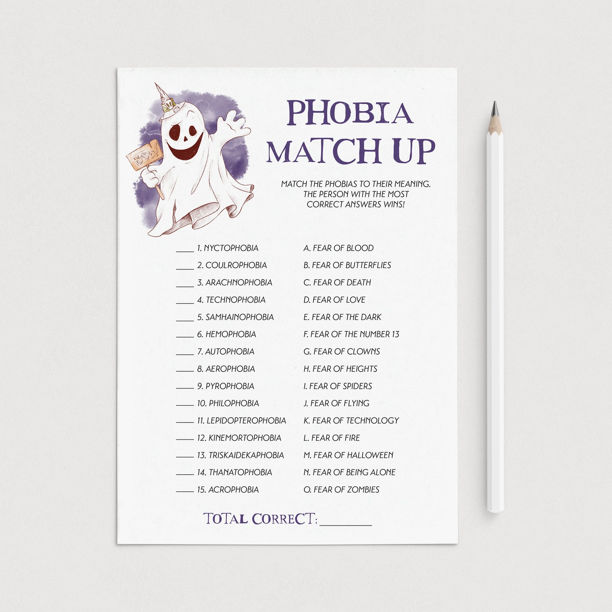 Spooky Halloween Party Quiz Phobia Match Up Printable by LittleSizzle
