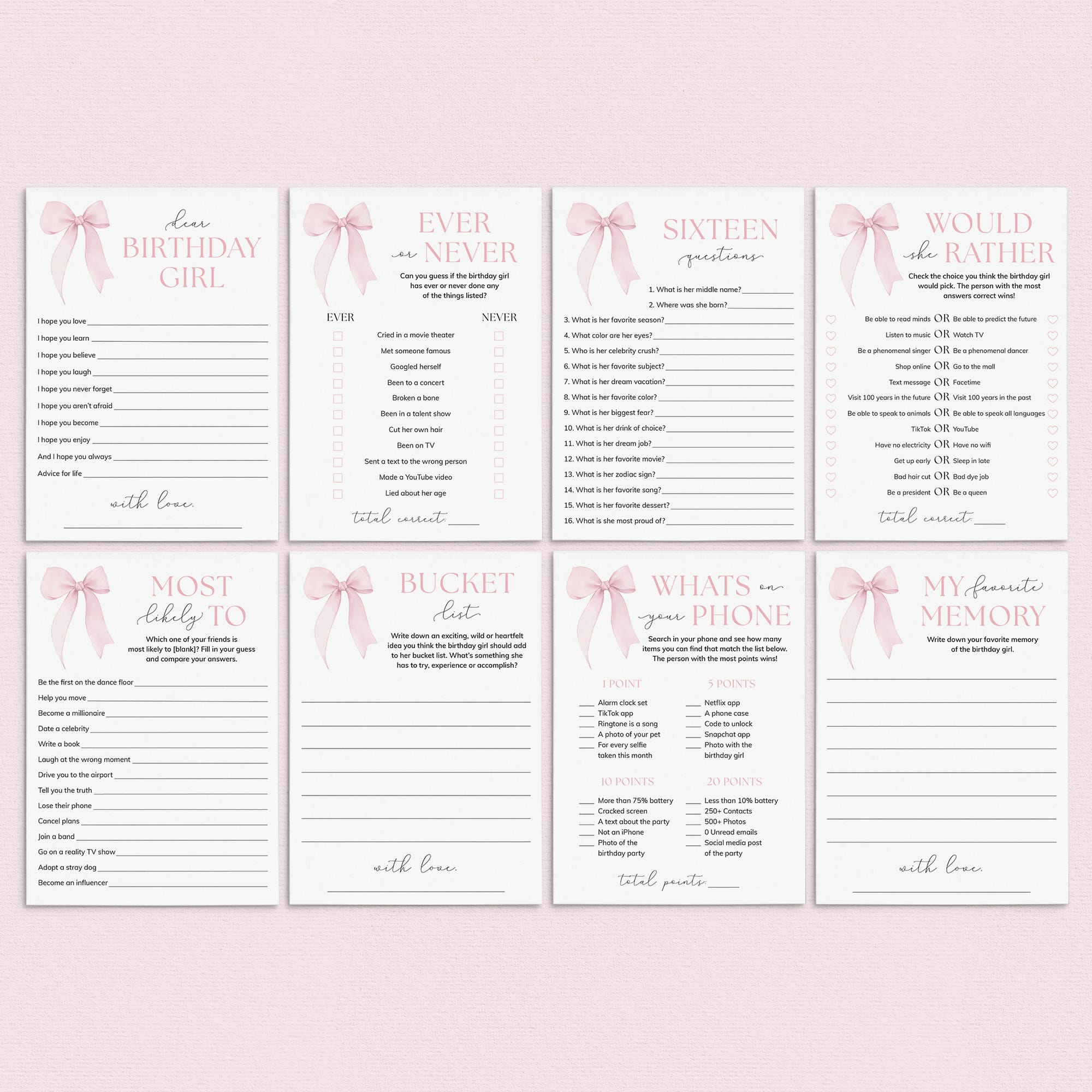 Pink Bow Sweet Sixteen Birthday Party Games Bundle Printable by LittleSizzle