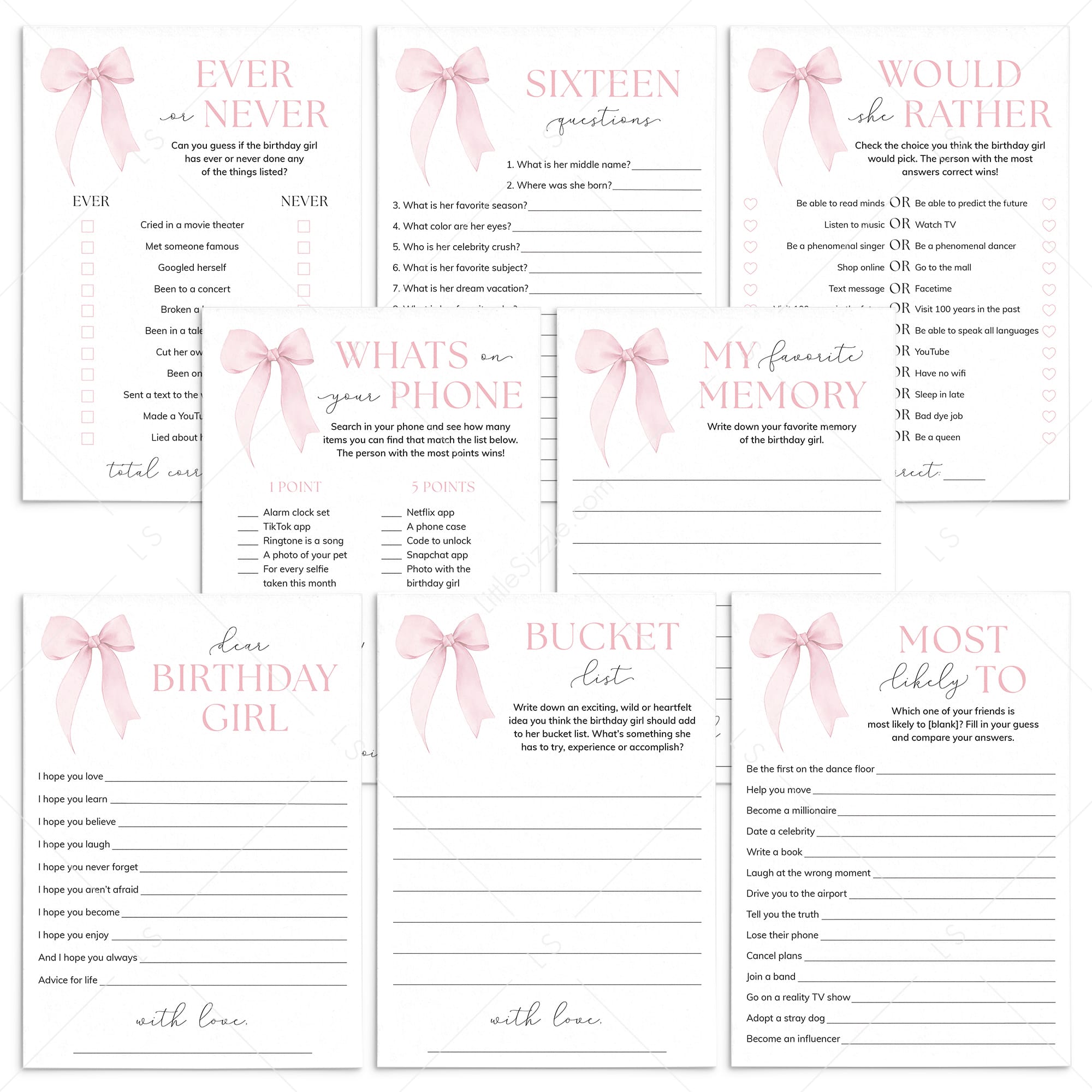 Pink Bow Sweet Sixteen Birthday Party Games Bundle Printable by LittleSizzle