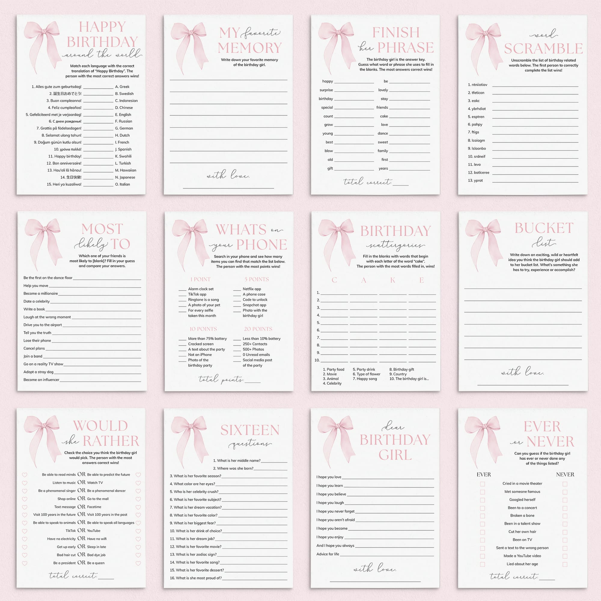 Pink Sweet Sixteen Party Games Pack Printable by LittleSizzle