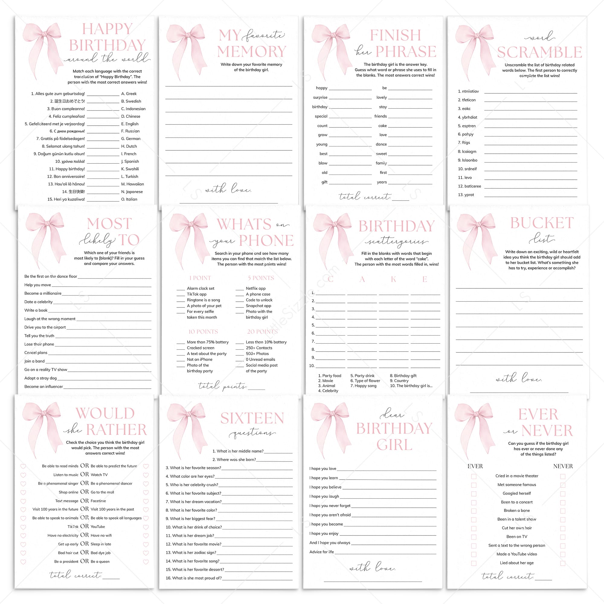 Pink Sweet Sixteen Party Games Pack Printable by LittleSizzle
