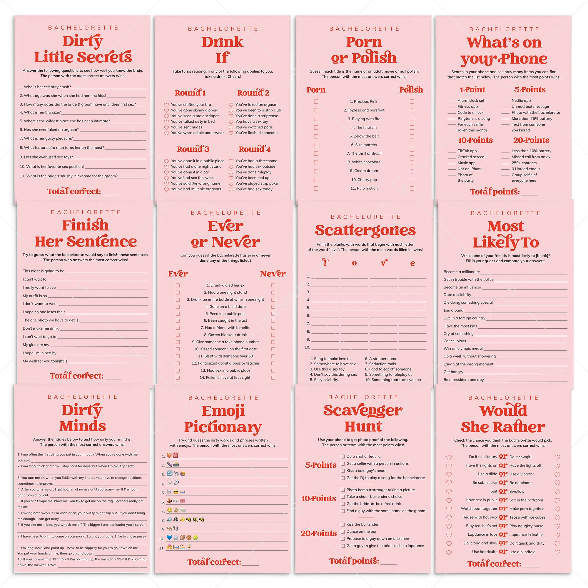 Pink and Red Bachelorette Game Bundle Printable by LittleSizzle