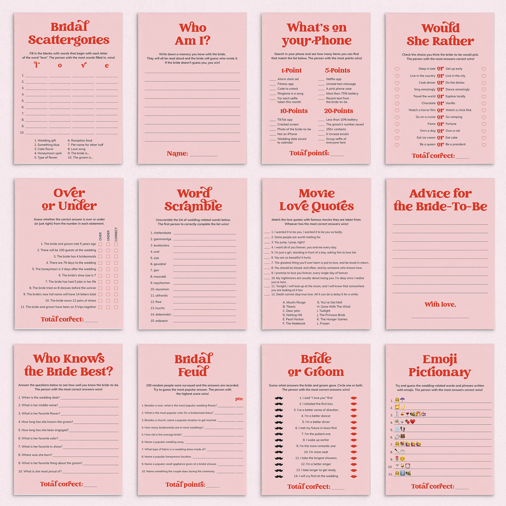 Pink and Red Bridal Shower Game Bundle Printable by LittleSizzle