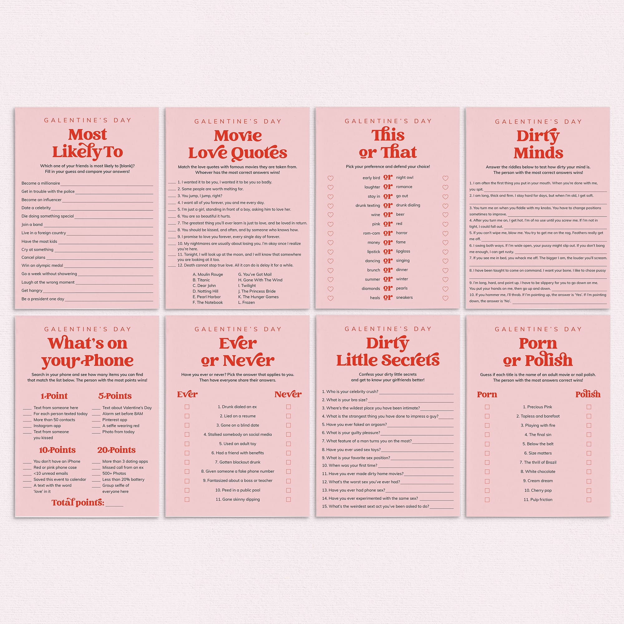 Red and Pink Galentines Party Games Printable by LittleSizzle