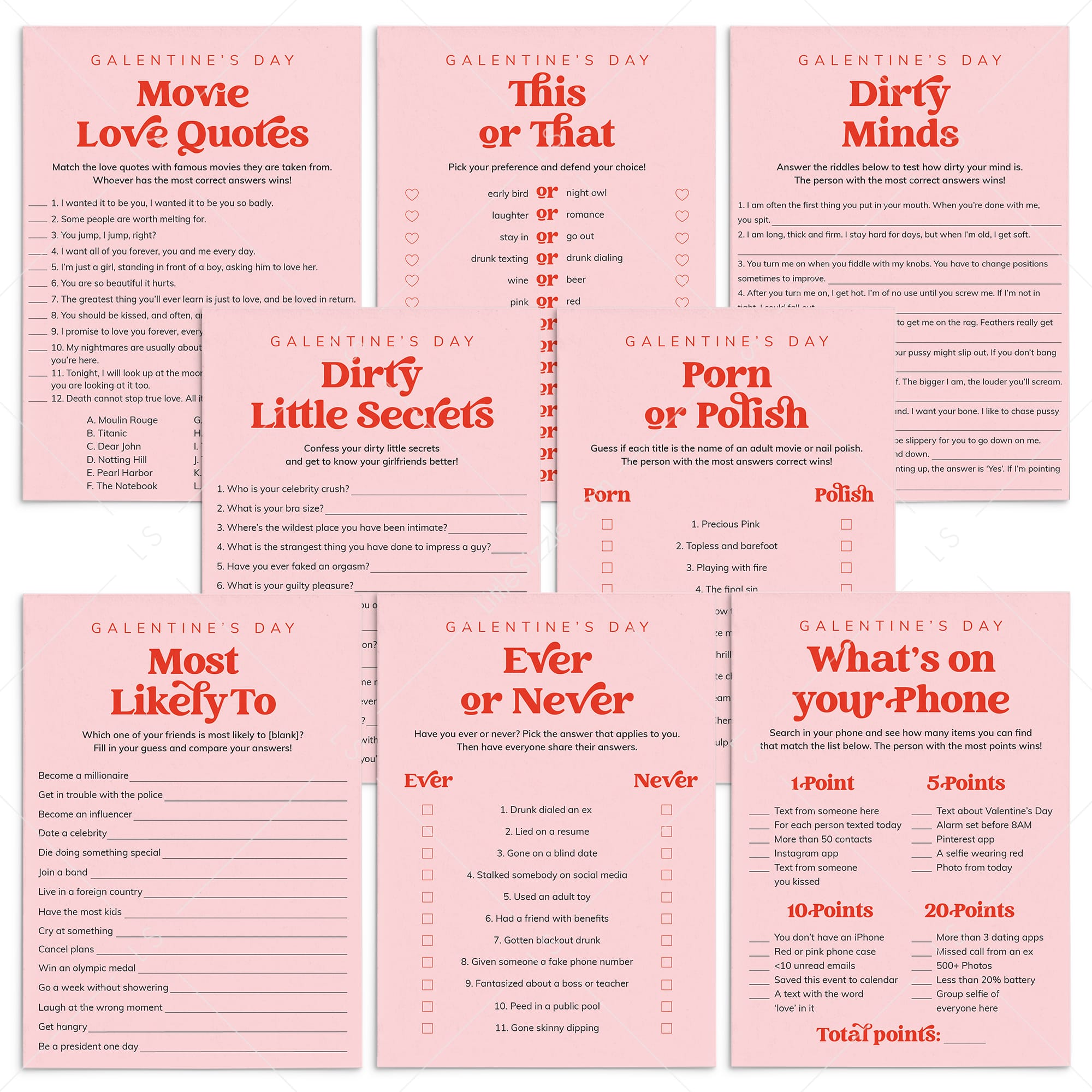Red and Pink Galentines Party Games Printable by LittleSizzle