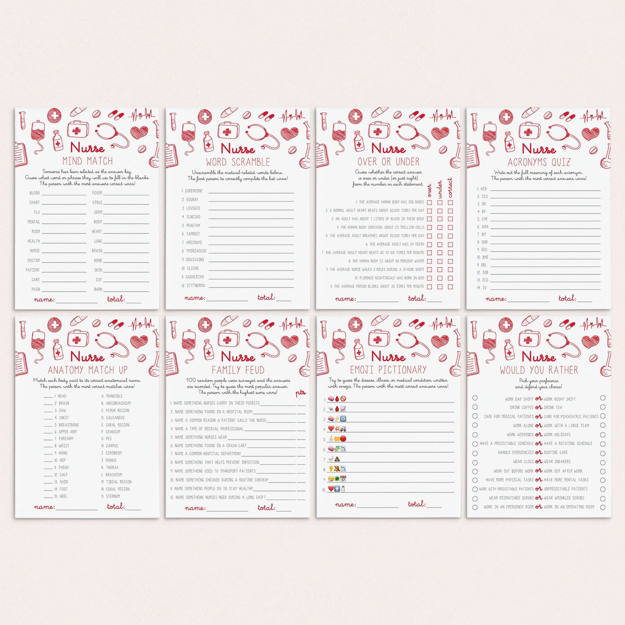 8 Printable Nurse Trivia Games by LittleSizzle