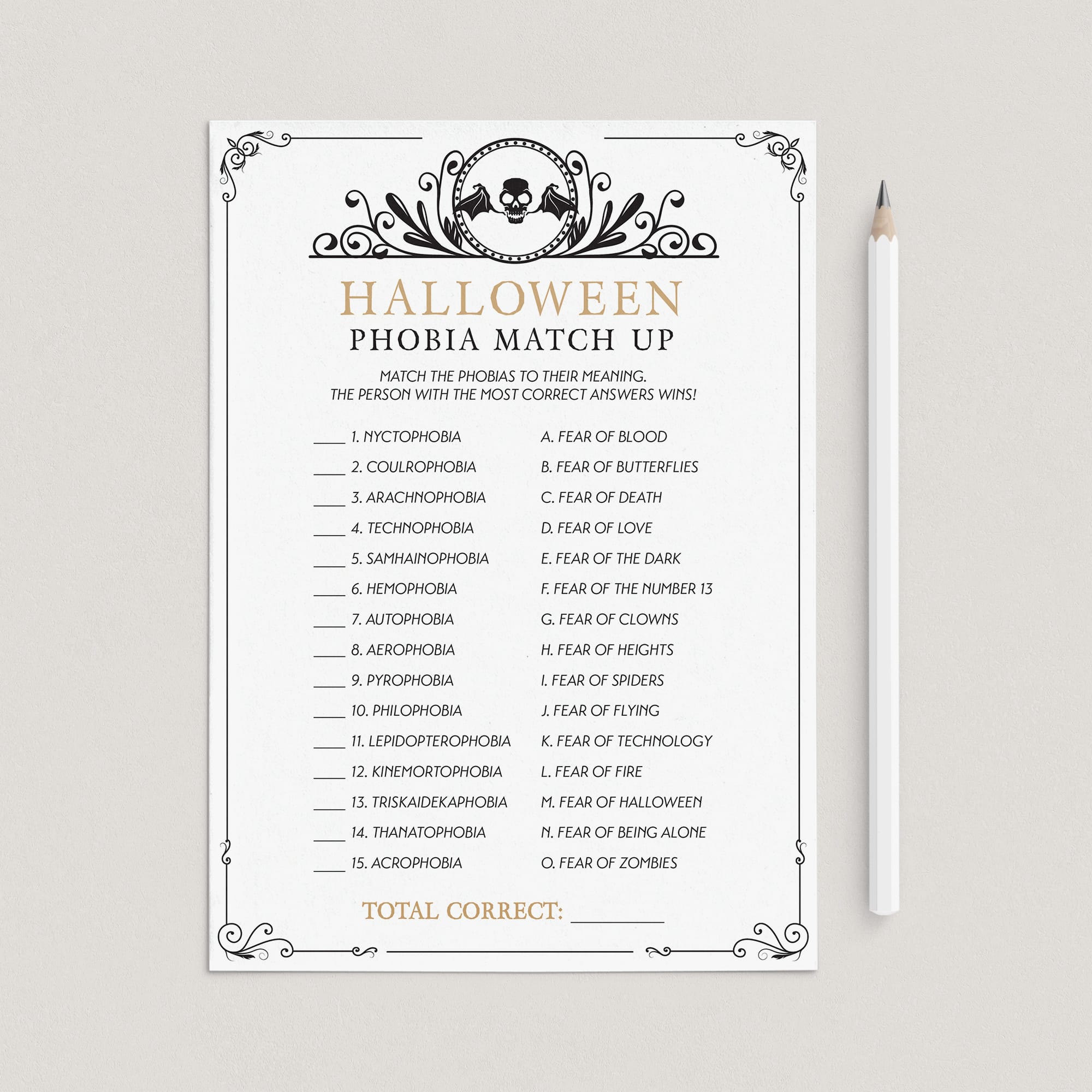 Match That Phobia Halloween Quiz with Answers Printable by LittleSizzle