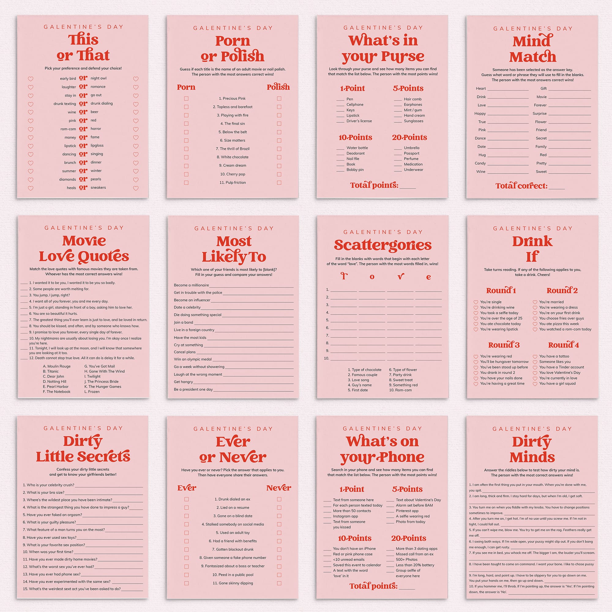 Pink and Red Galentines Day Games Printable by LittleSizzle