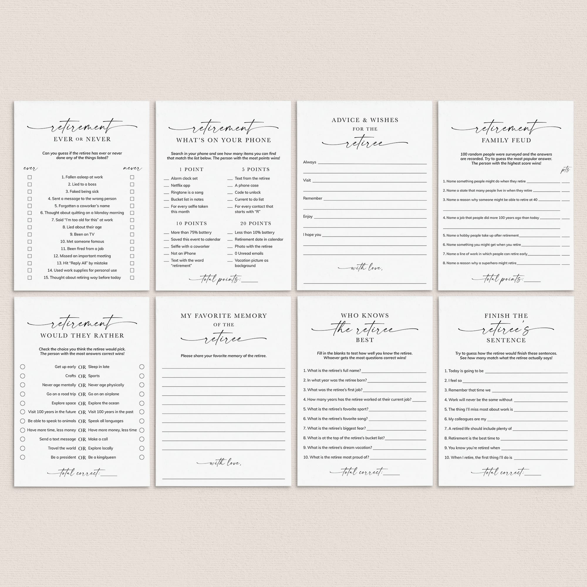 Minimalist Retirement Party Games Bundle Printable by LittleSizzle