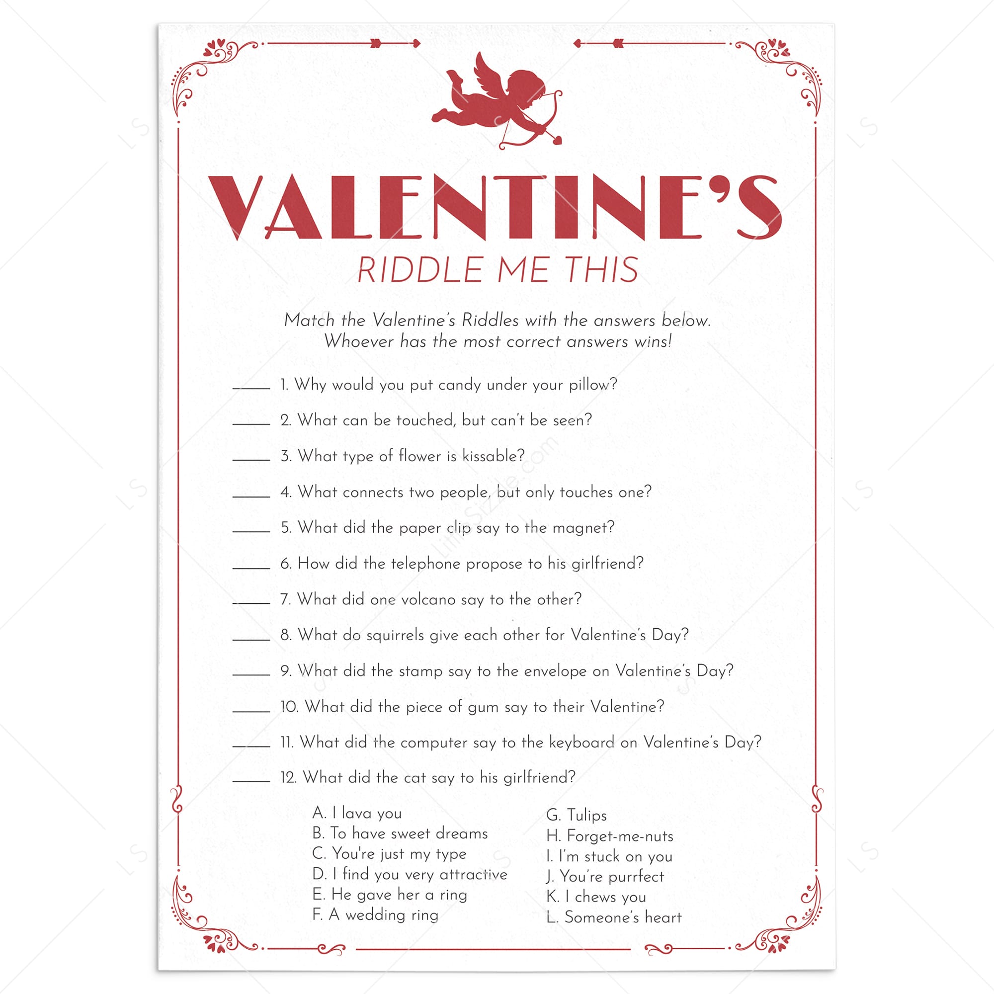 Valentine Riddles and Answers Printable by LittleSizzle