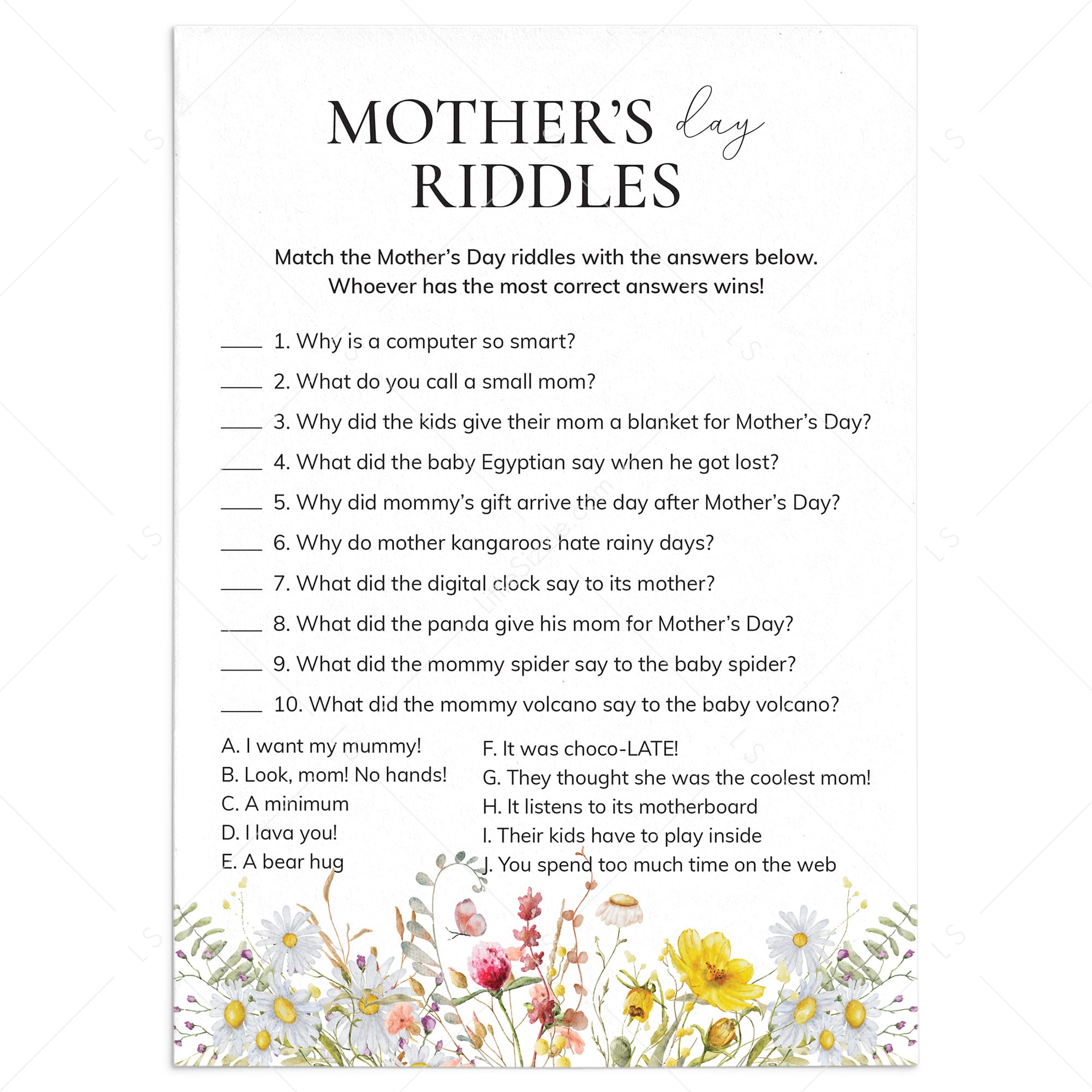 Mother's Day Riddles with Answers Printable by LittleSizzle