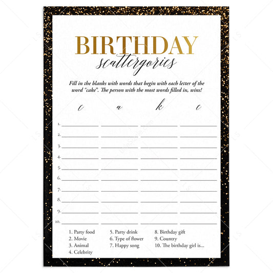 Golden Birthday Scattergories Game Printable by Littlesizzle