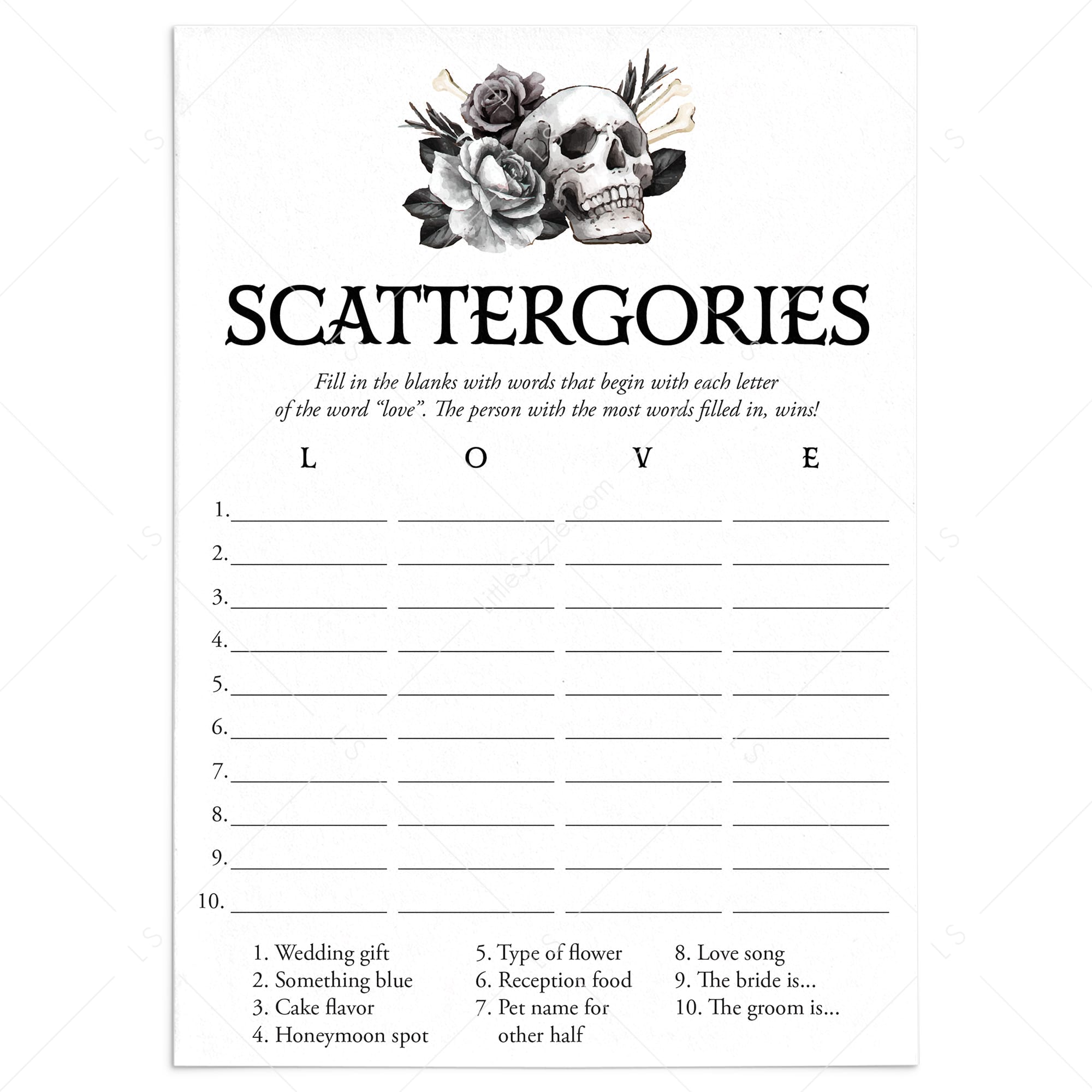 Gothic Bridal Shower Scattergories Game Printable by LittleSizzle