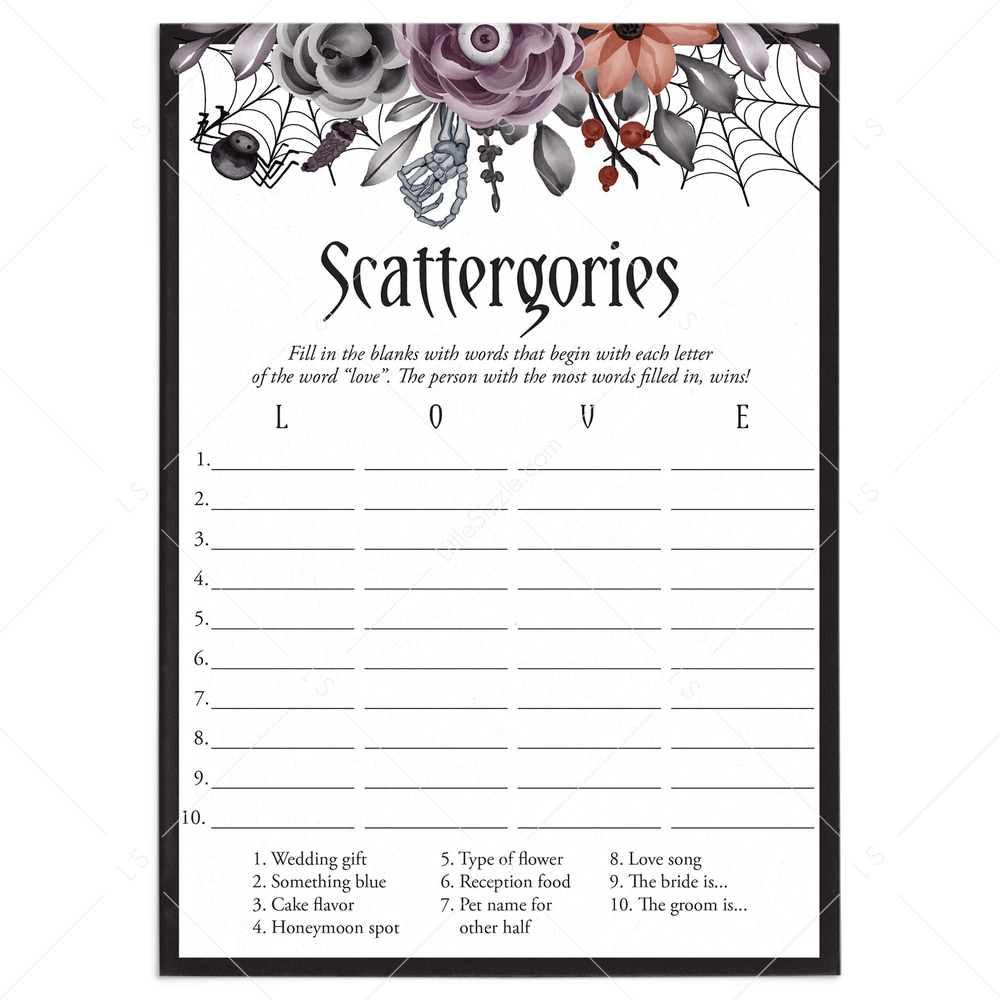 Goth Bridal Shower Game Scattergories Instant Download by LittleSizzle