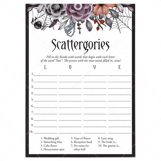 Goth Bridal Shower Game Scattergories Instant Download by LittleSizzle