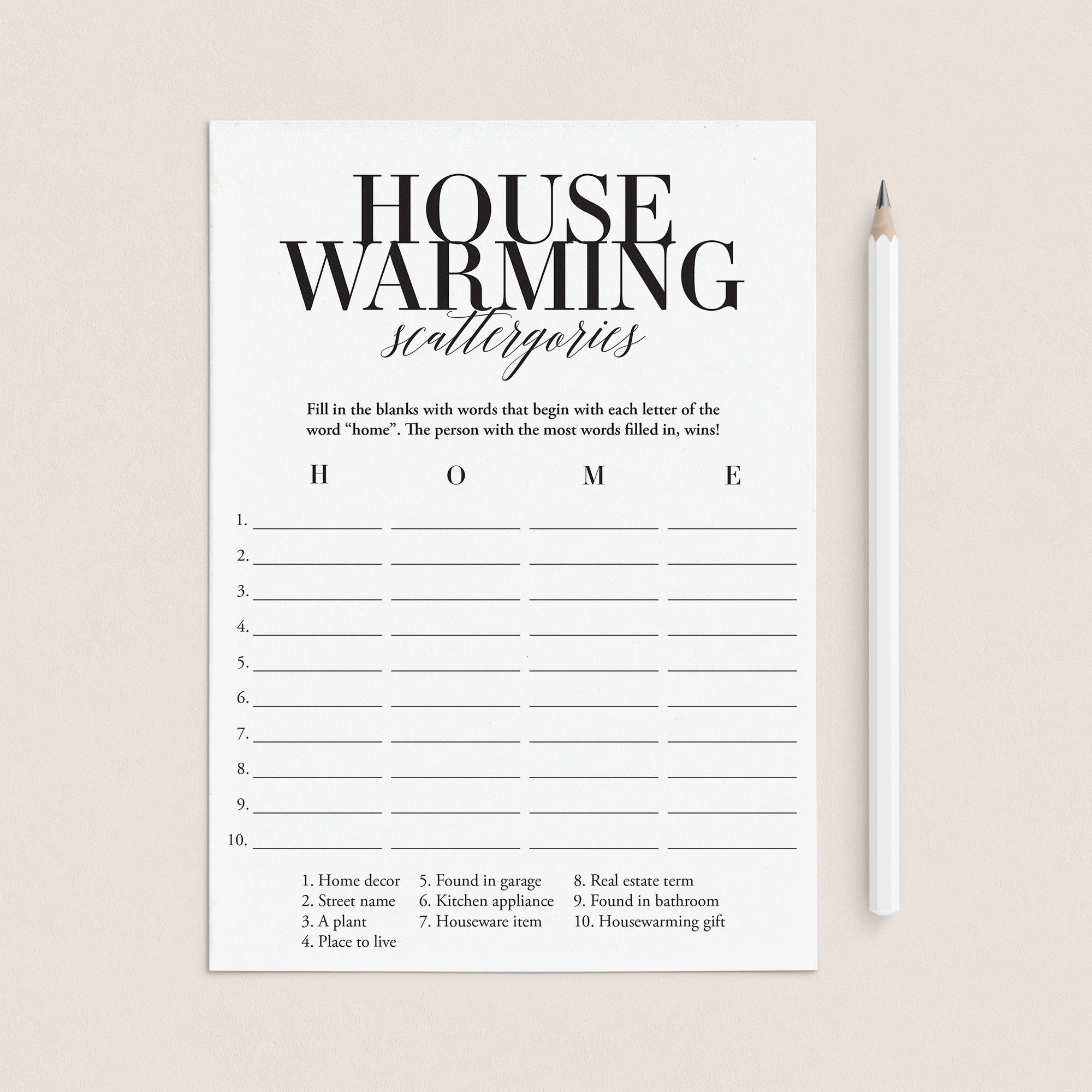 Housewarming Party Scattergories Game Cards Printable by LittleSizzle