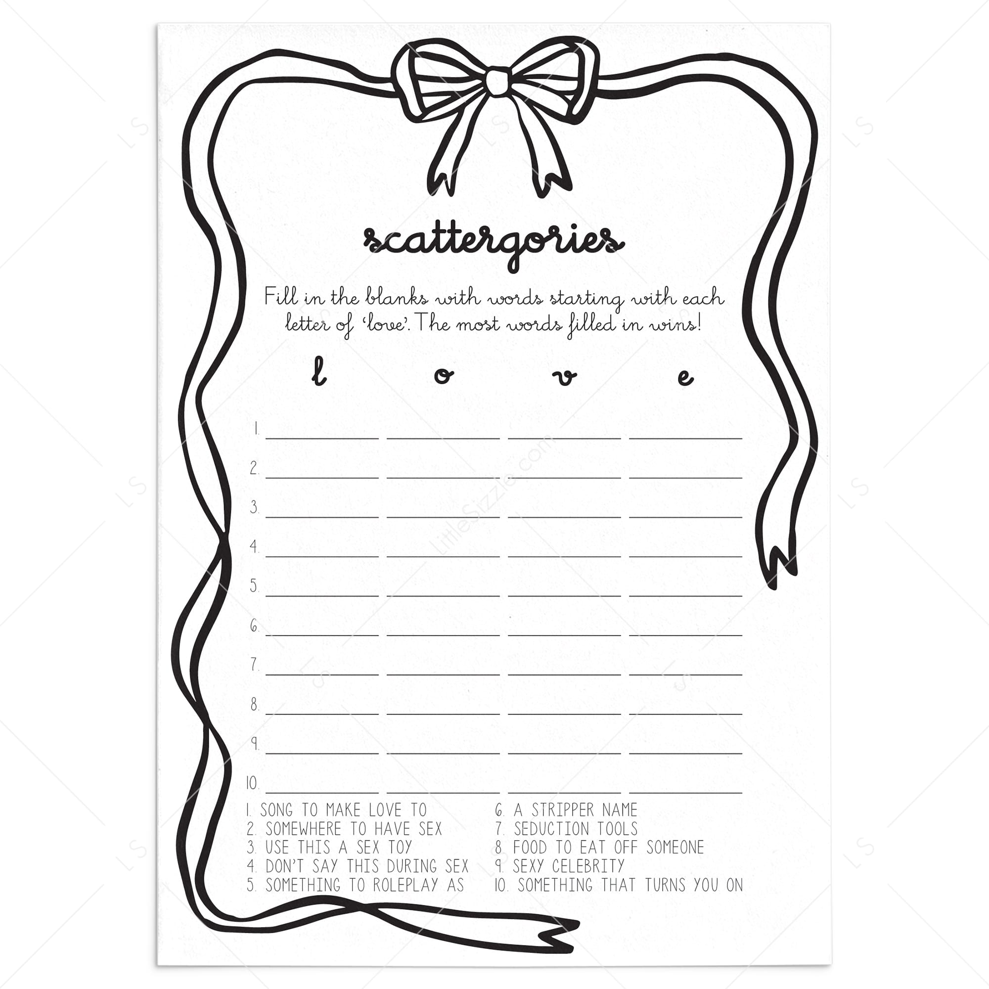 Dirty Scattergories Bachelorette Game Coquette Wavy Border by LittleSizzle
