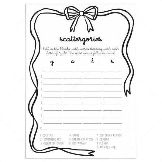 Coquette Bow Girls Night Scattergories Categories Printable Game by LittleSizzle