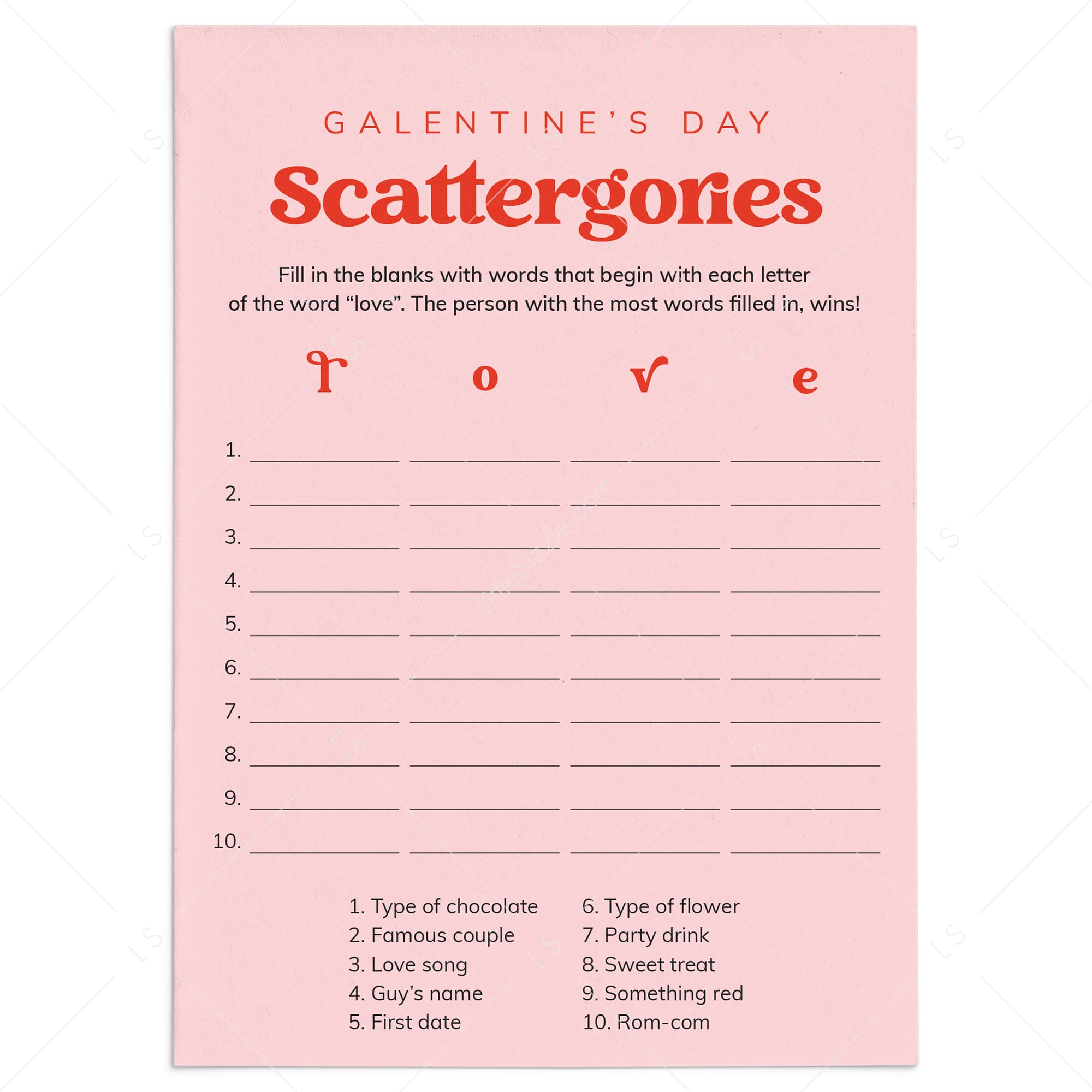 Galentines Day Scattergories Printable Game by LittleSizzle