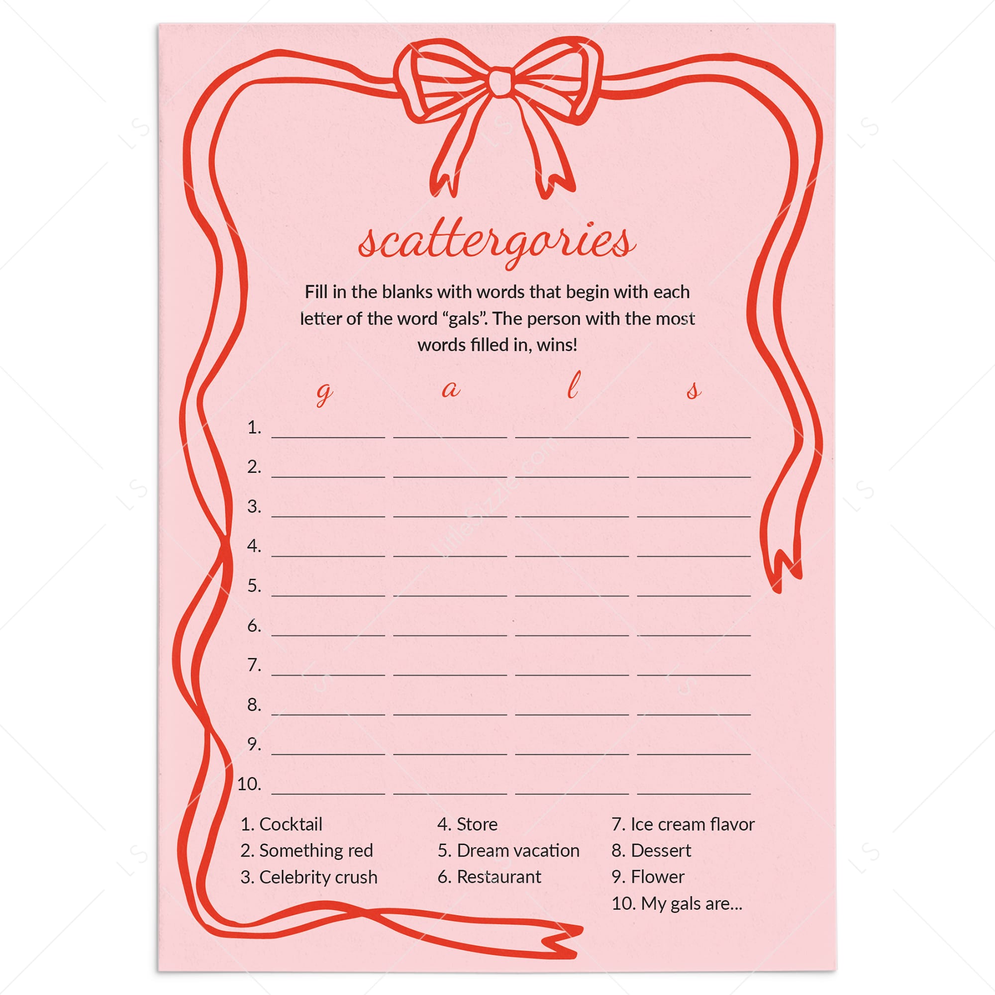 Pink Girls Night Scattergories Game Printable Wavy Border by LittleSizzle