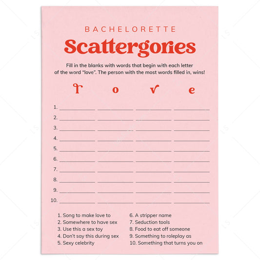 Bachelorette Scattergories Printable Game for Adults by LittleSizzle