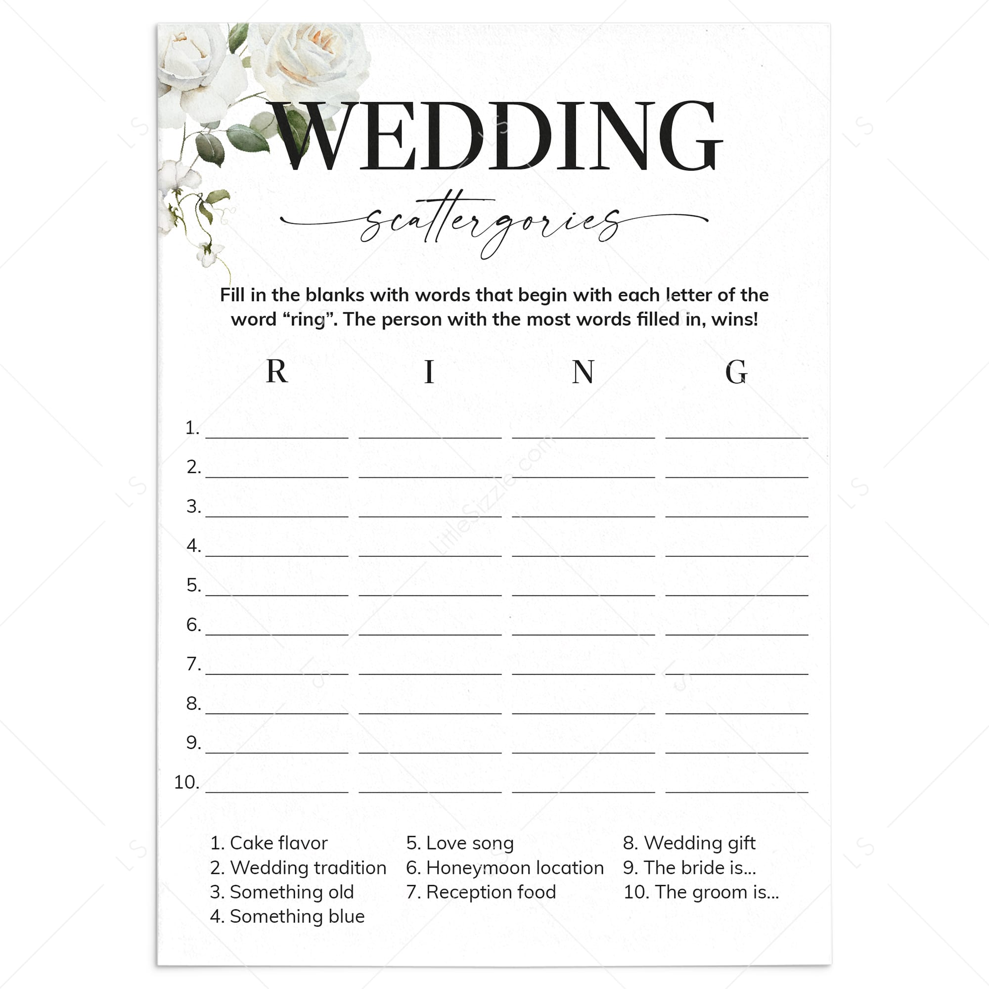 Wedding Scattergories Printable Game White Floral by LittleSizzle
