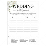 Wedding Scattergories Printable Game White Floral by LittleSizzle