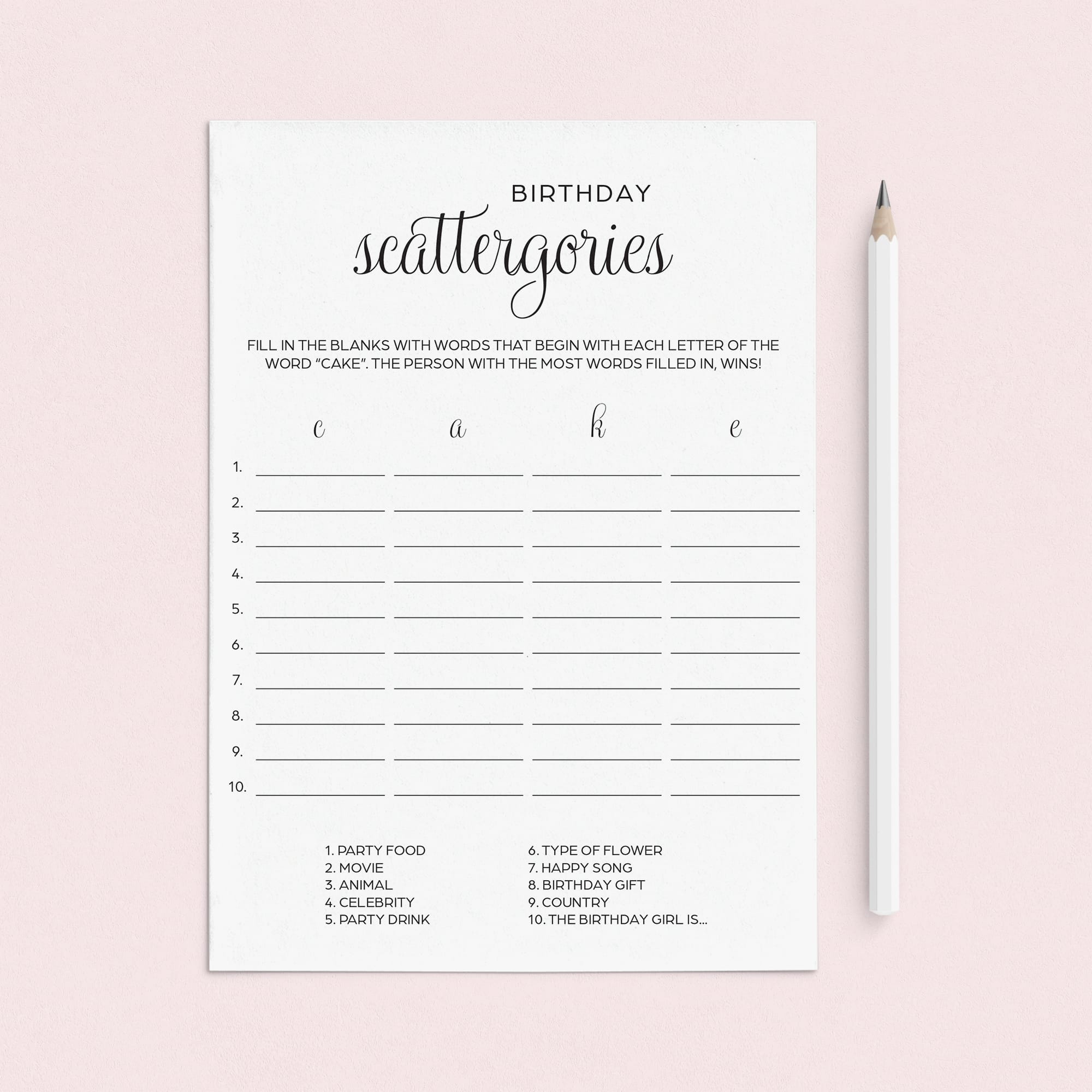 Fun Birthday Party Game for All Ages Printable Scattergories by LittleSizzle