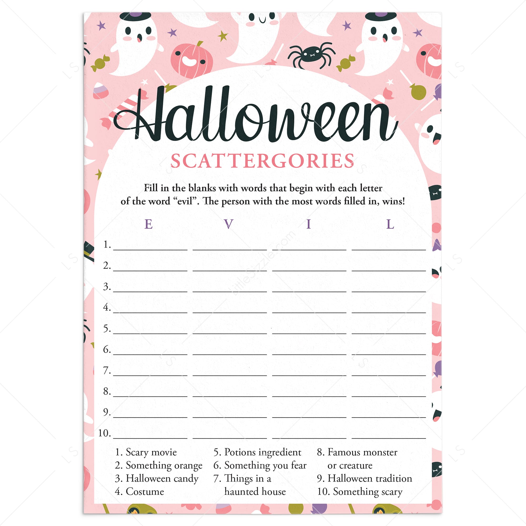 Pink Ghosts Halloween Party Game Scattergories Printable by LittleSizzle