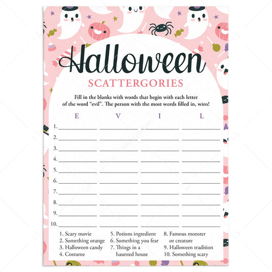 Pink Ghosts Halloween Party Game Scattergories Printable by LittleSizzle