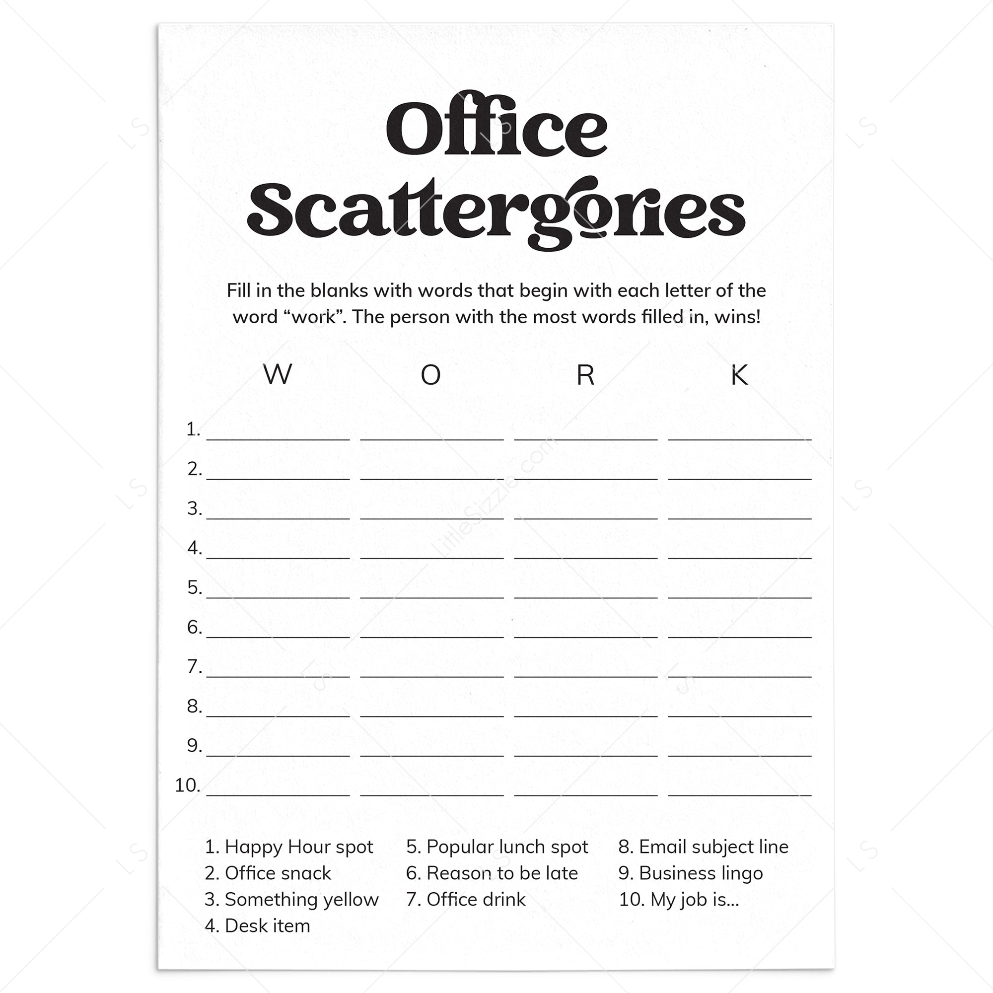 Scattergories Game for Work Party | Printable by LittleSizzle