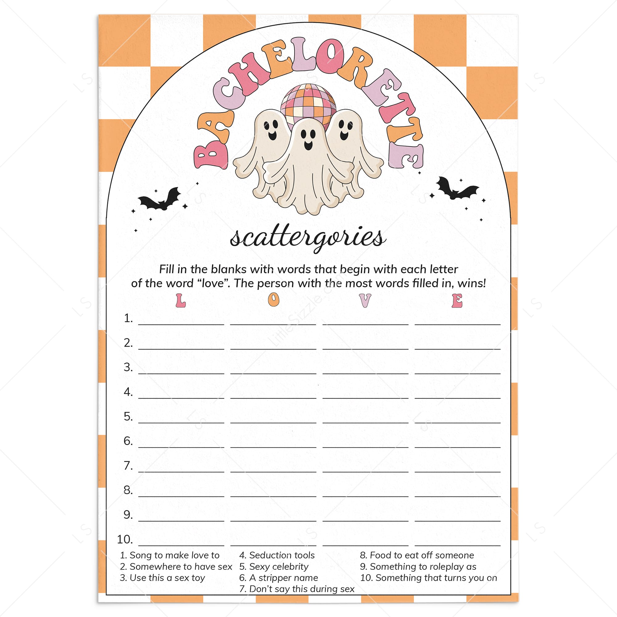 Retro Spooky Bachelorette Scattergories Game Card Printable by LittleSizzle