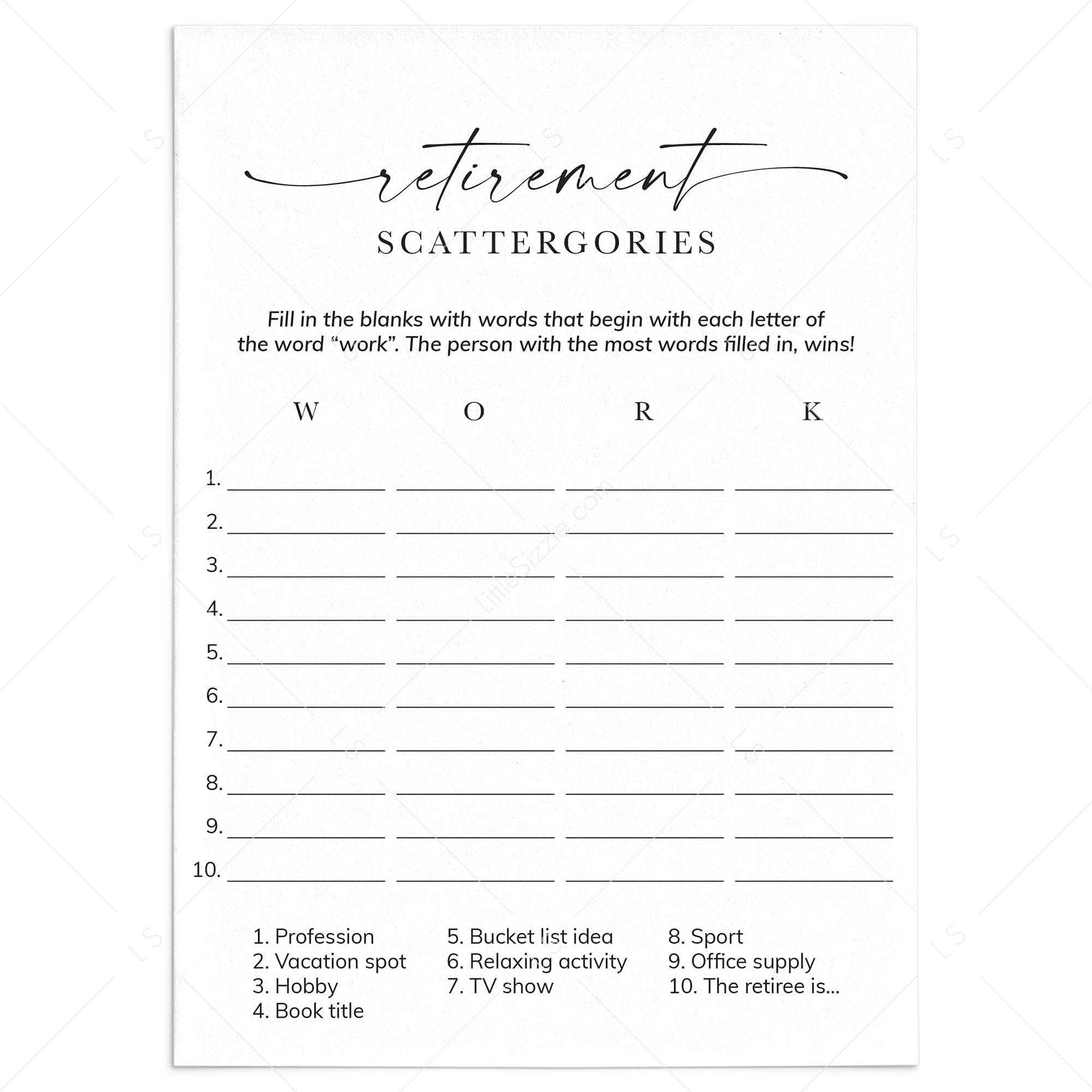 Retirement Scattergories Catergories Game | Digital Download by LittleSizzle