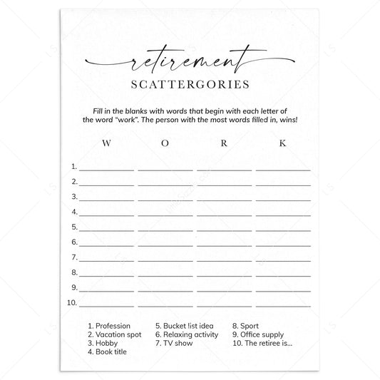 Retirement Scattergories Catergories Game | Digital Download by LittleSizzle