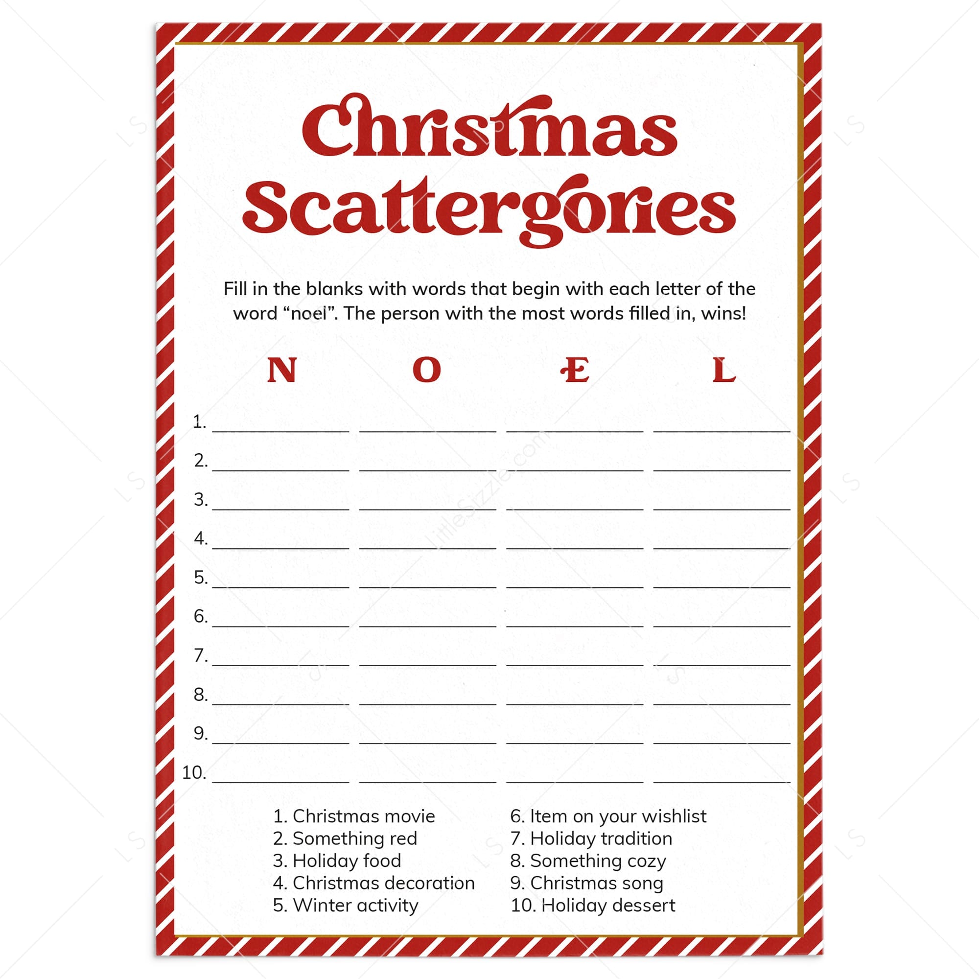 Christmas Scattergories Game Printable PDF by LittleSizzle