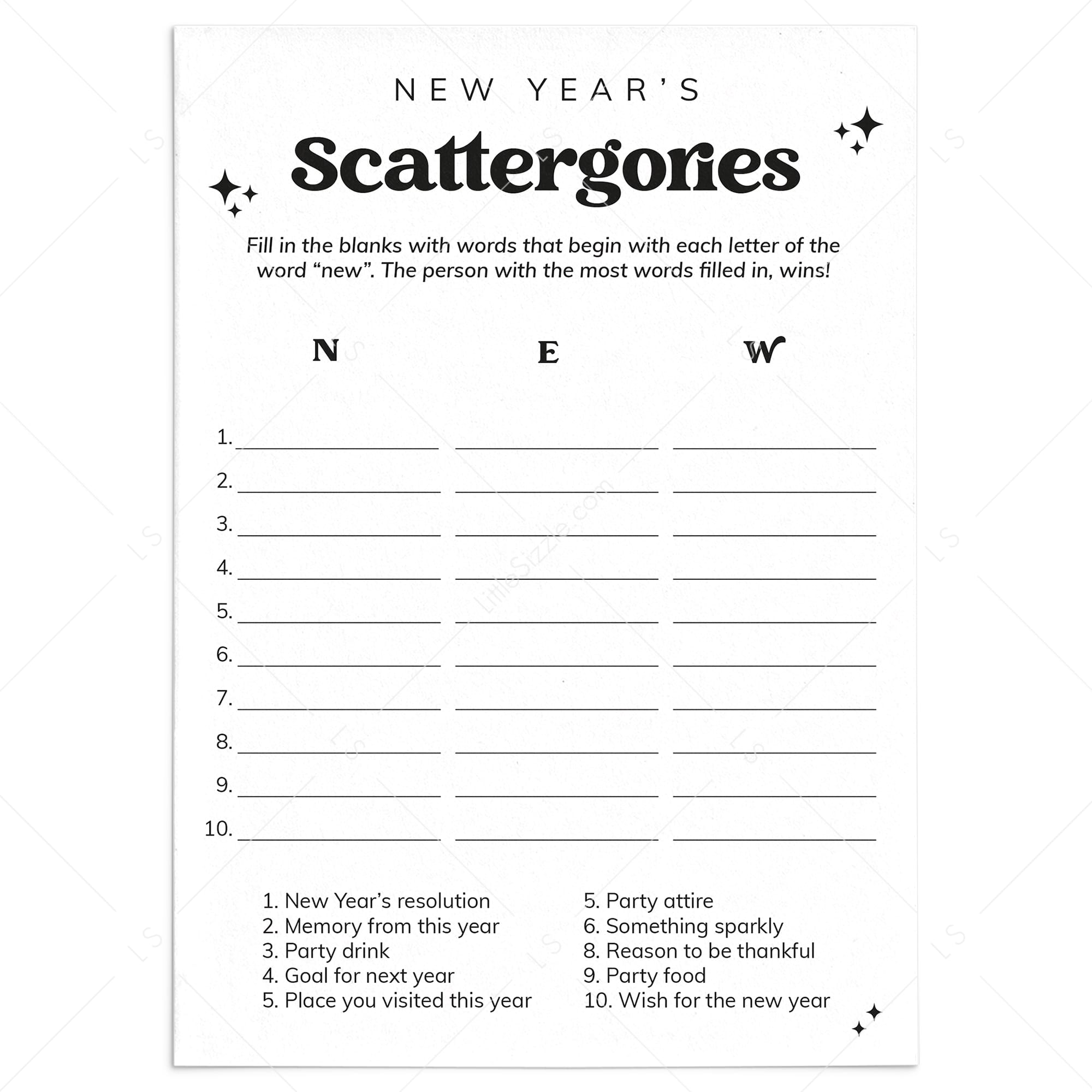 Black & White New Year's Game Scattergories Printable by LittleSizzle