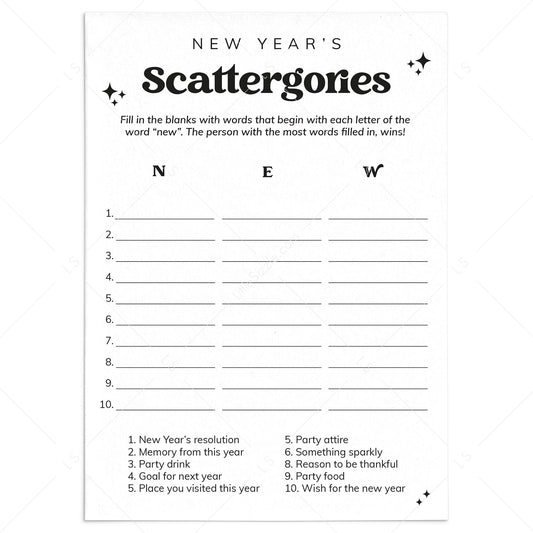 Black & White New Year's Game Scattergories Printable by LittleSizzle