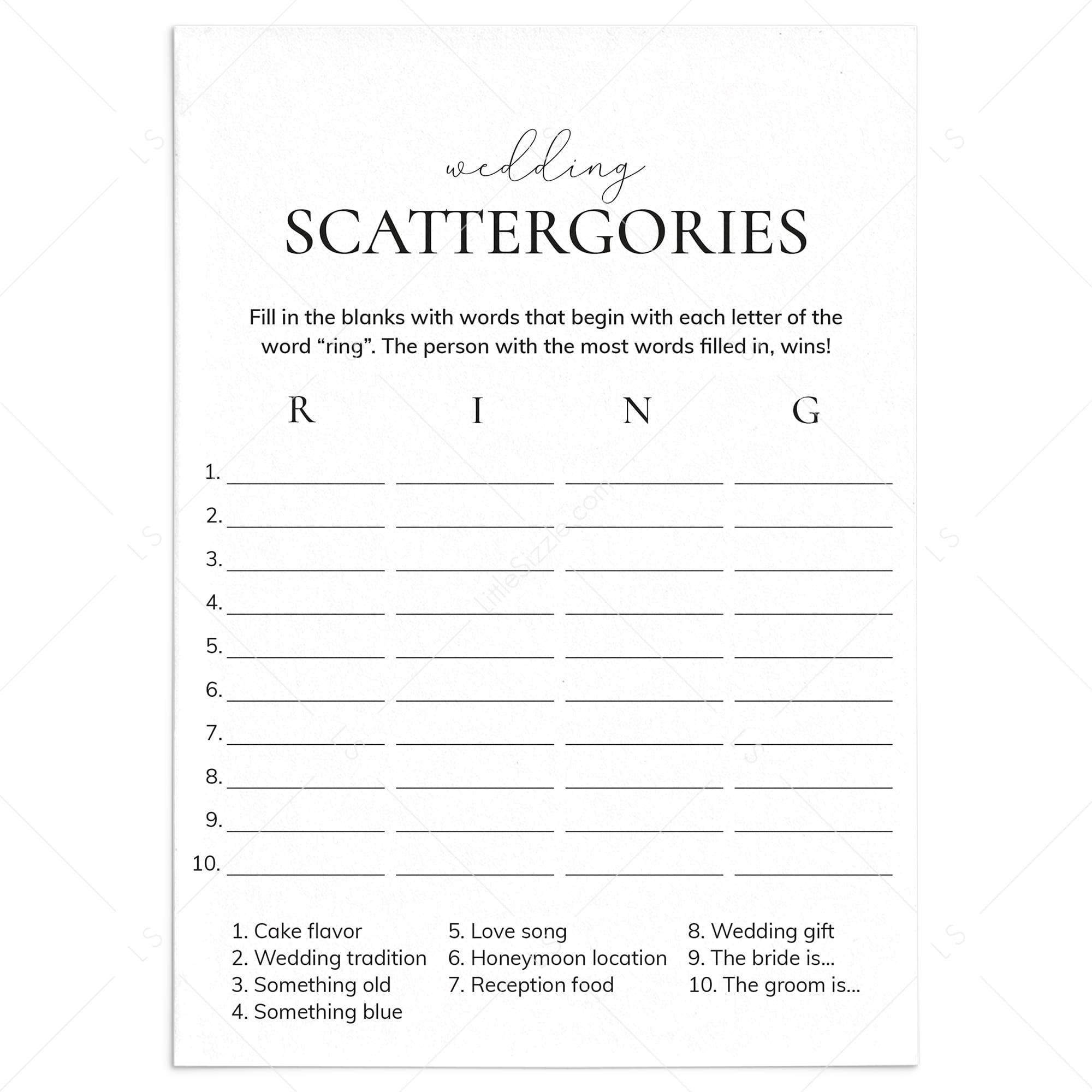 Wedding Scattergories Game Printable by LittleSizzle