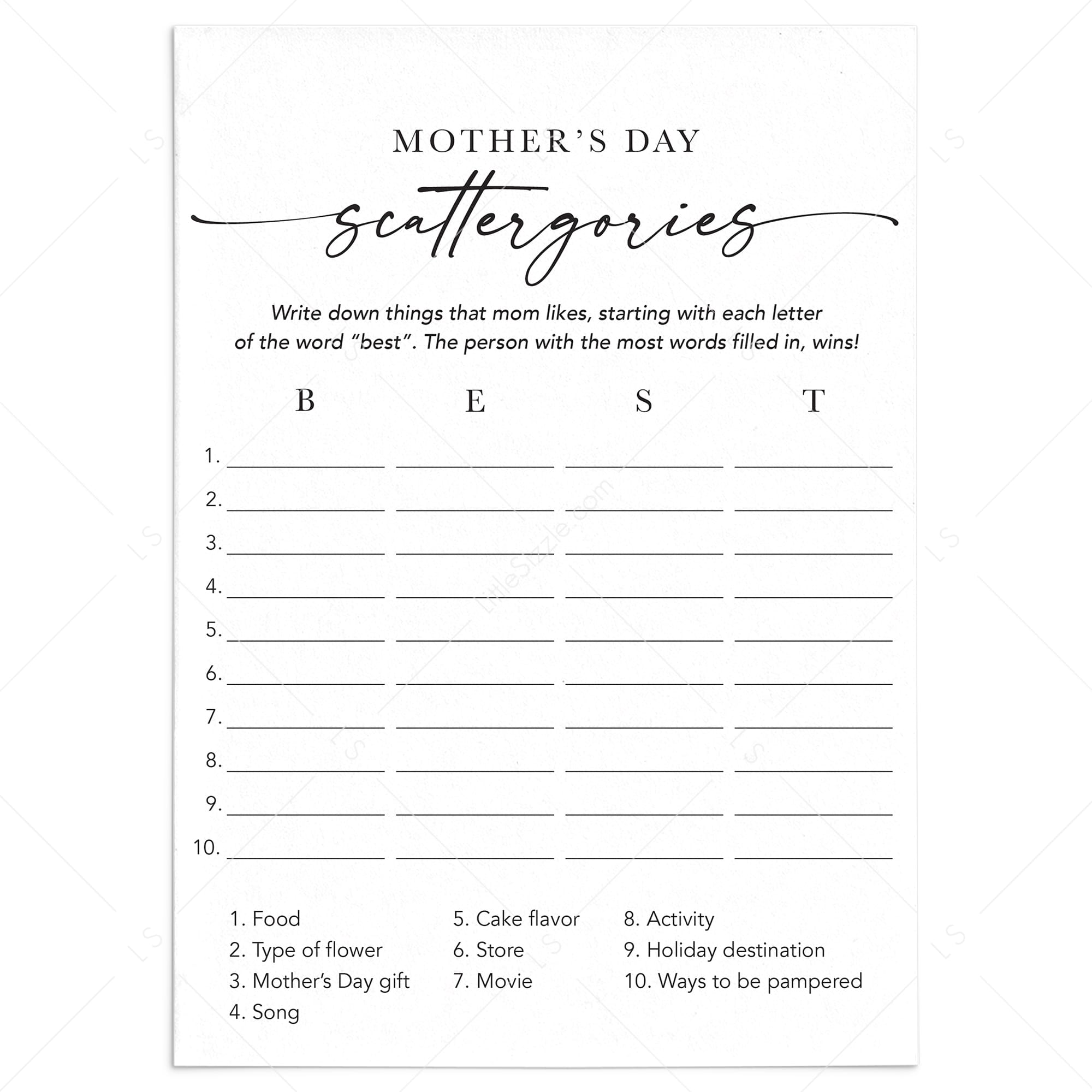 Mother's Day Scattergories Categories Word Game Printable by LittleSizzle