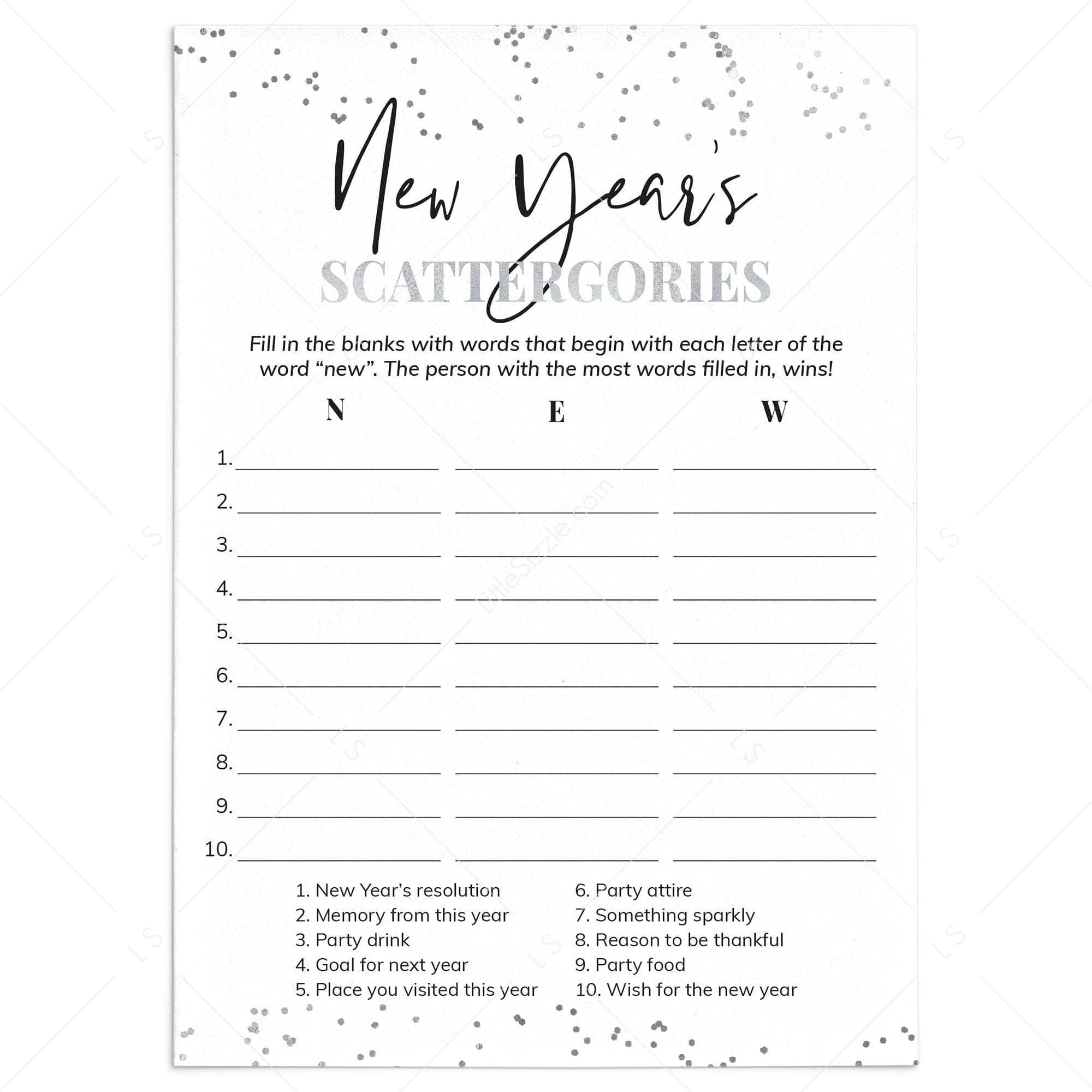 A New Year's Scattergories game card with a white background, black and gray typography, and scattered silver confetti accents in the corners. The card includes blank lines for writing answers and numbered prompts related to resolutions, party attire, drinks, and goals.