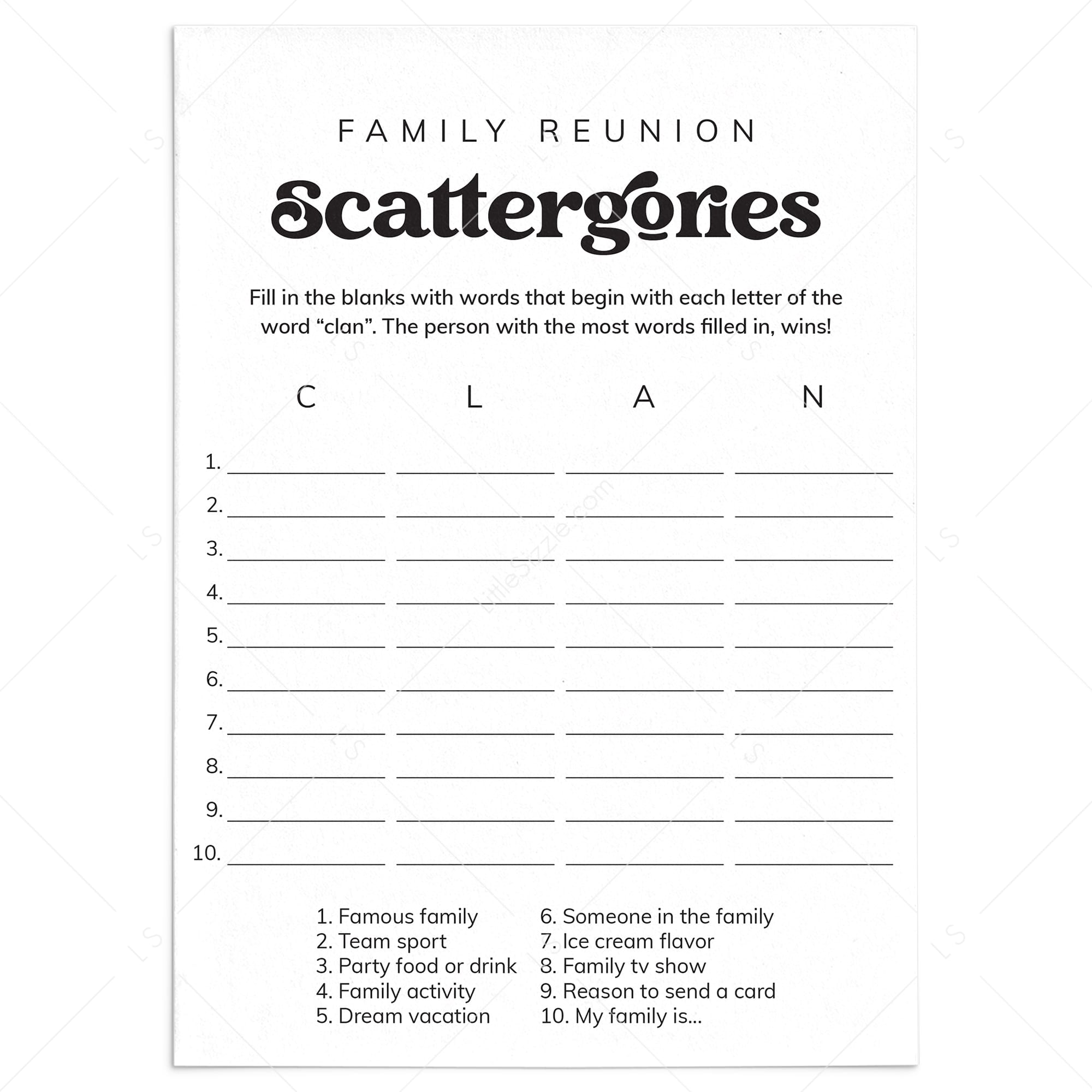 Family Reunion Scattergories Game Sheet Digital Download by LittleSizzle