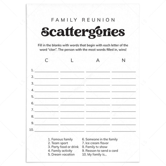 Family Reunion Scattergories Game Sheet Digital Download by LittleSizzle