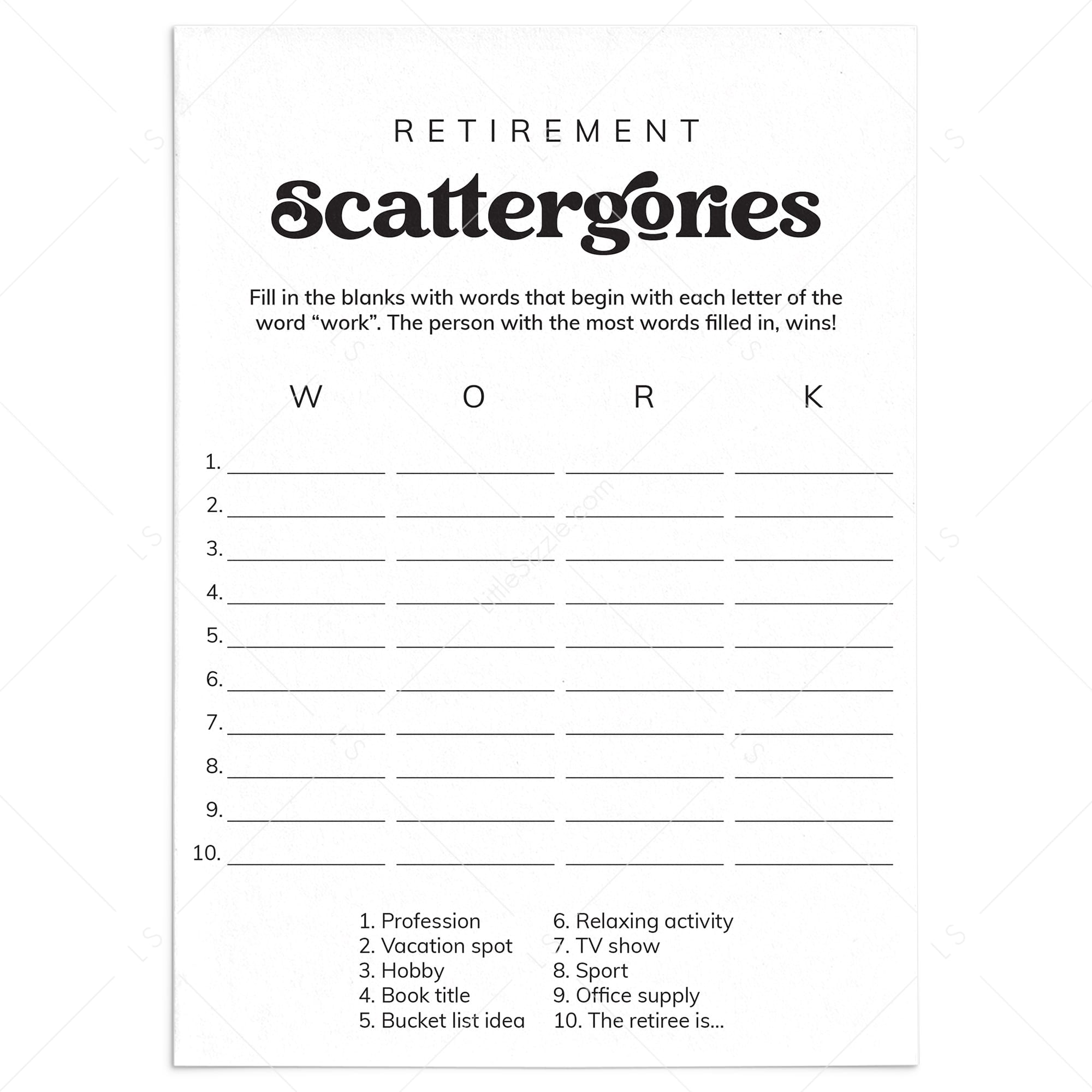 Fun Retirement Party Game Scattergories Printable | Instant Download by LittleSizzle